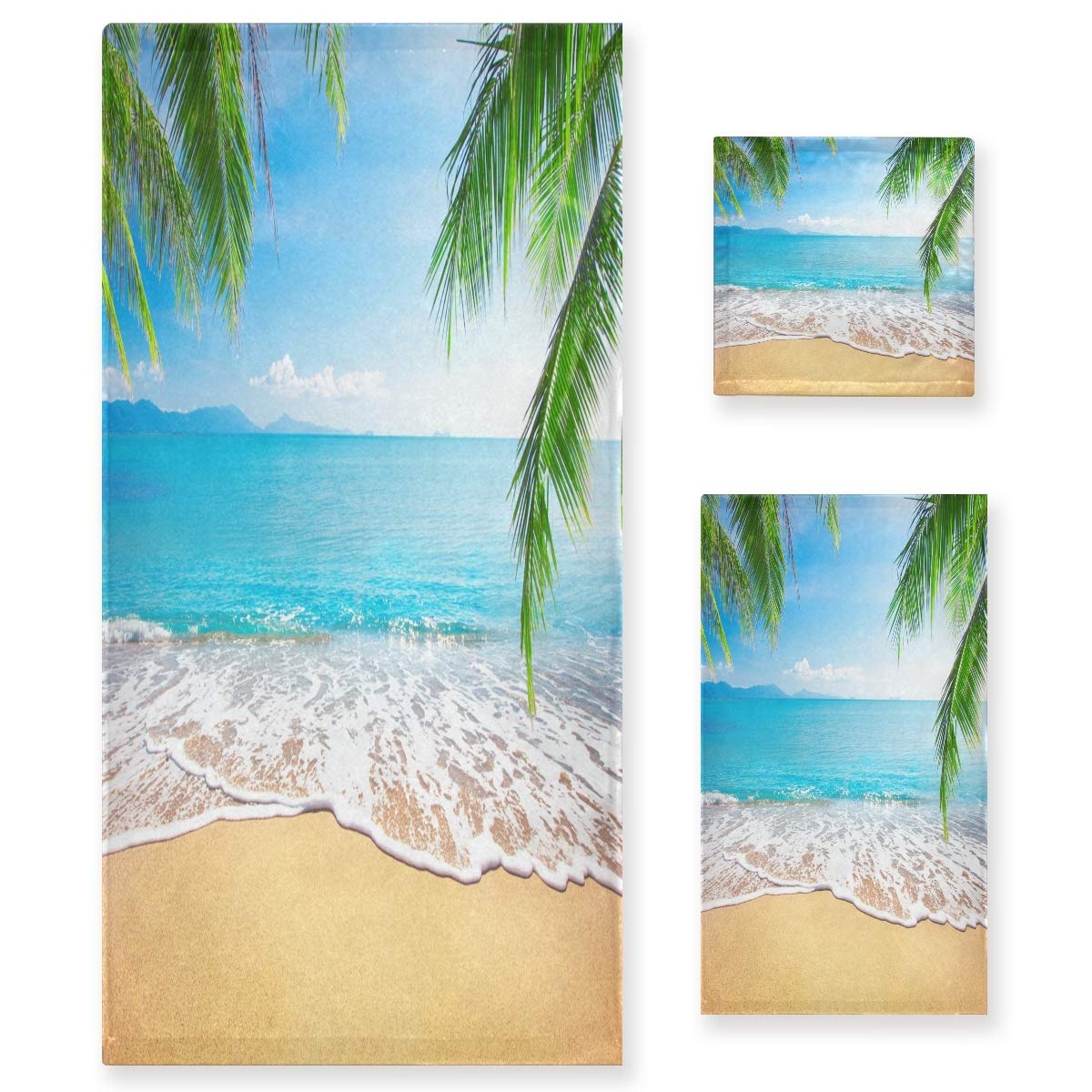 Naanle 3D Schöne Sommerpalmenblätter Tropischer Strand Weiches Luxus Dekoratives Set von 3 Handtüchern, 1 Badetuch+1 Handtuch+1 Waschlappen, Mehrzweck für Badezimmer, Hotel, Fitnessstudio, Spa und