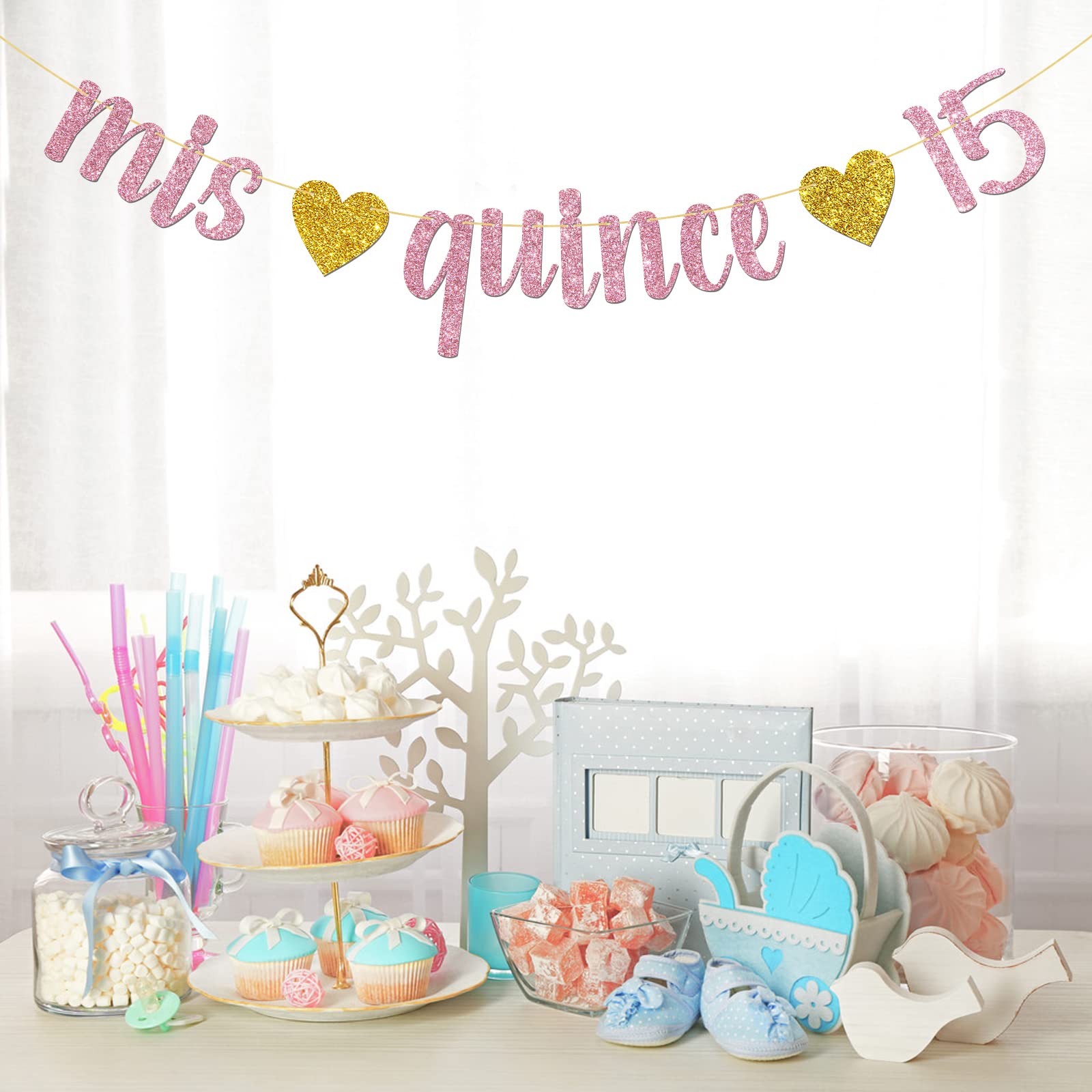 Mis 15 Años Banner - Rose Gold Glitter Birthday Sign For 15th Birthday Party Decorations, Girls Quinceañera - View #5