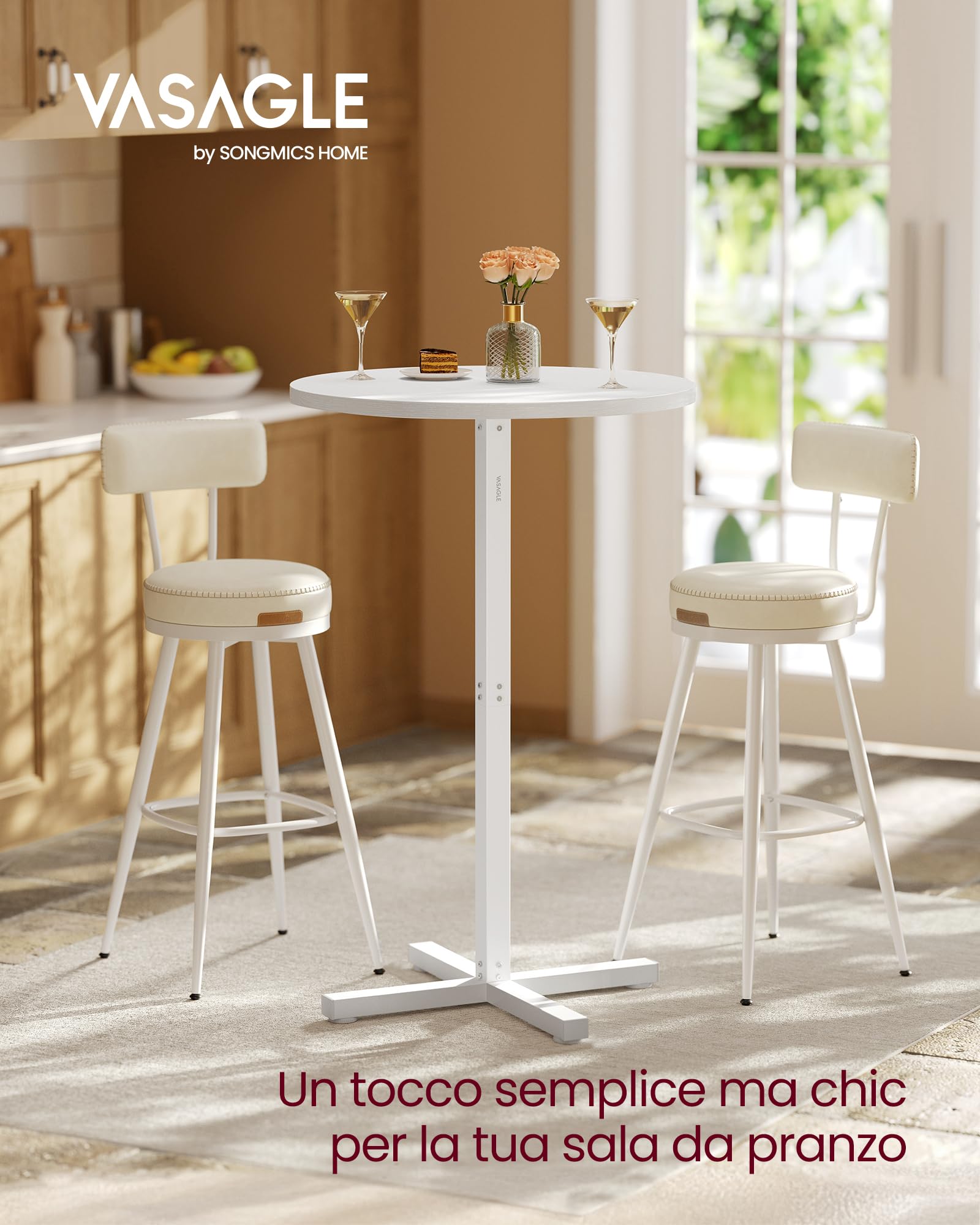 VASAGLE Tavolo da Bar, Tavolino Alto da Pranzo Cucina, Struttura in Metallo, 60 x 60 x 104,5 cm, Facile da Montare, con Base a Croce, per 2-3 Persone, Stile Moderno, Bianco Neve LBT361W01