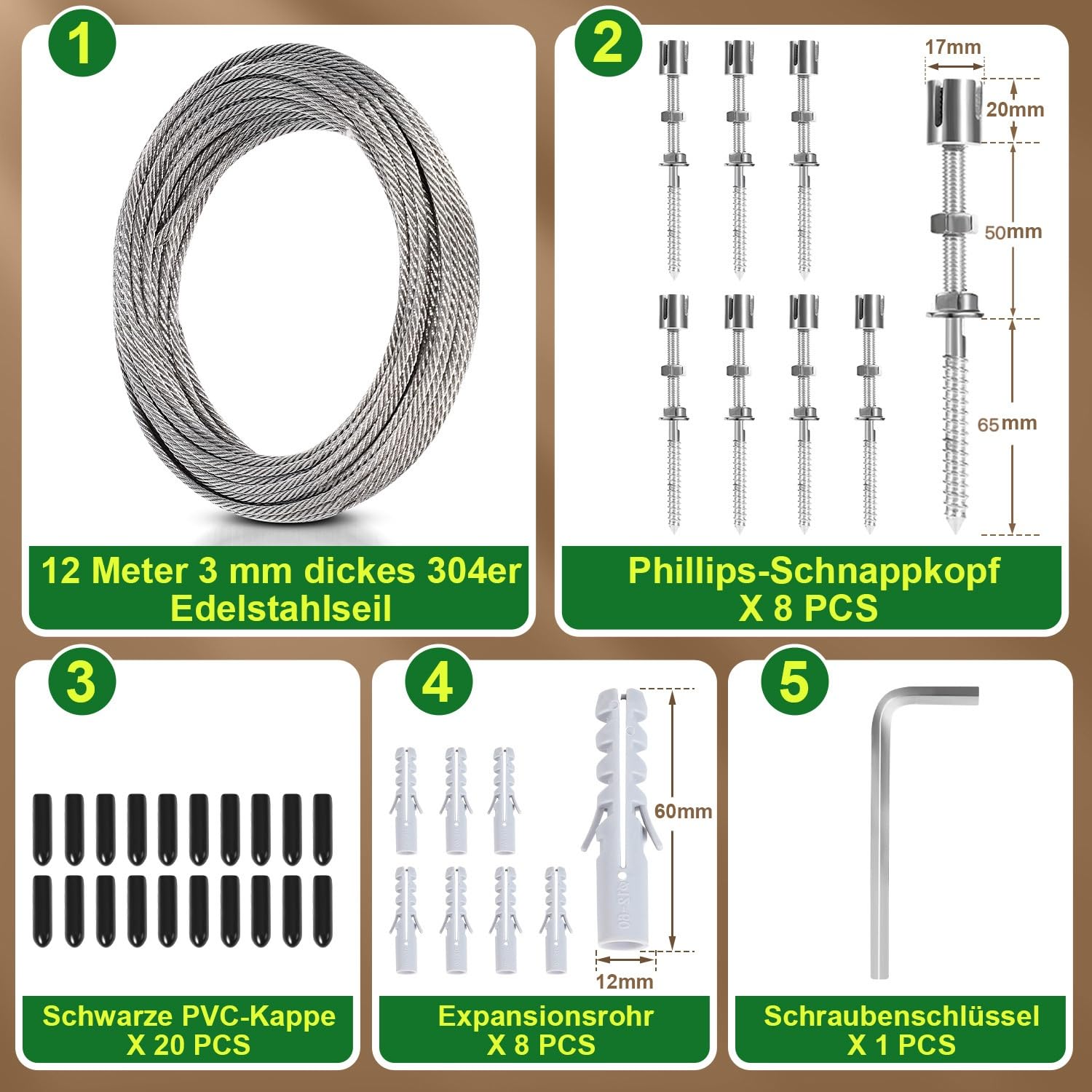 Yakimz Klimhulp van roestvrij staal voor klimplanten, klimhulp, professioneel systeem als complete set met wandhouders en 3 mm stalen kabel voor klimplanten, touwspanners, waslijn (8 houders, 12 m