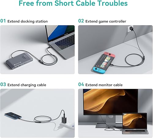 Miniatura 5 de Hub USB alimentado con cable USB A a C en ángulo recto y cable de extensión USB C, recto, adecuado para APC USB, laptops y consolas de juegos