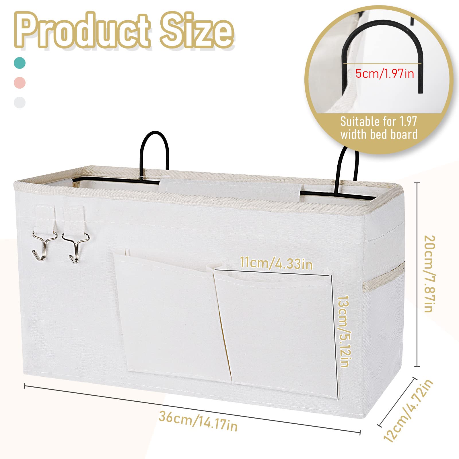 Nachttisch-Caddy Nachttisch-Organizer, hängende Aufbewahrungstasche für Etagenbett, Studentenwohnheimbett und Krankenhausbetten mit Magazin, Wasserflasche, Handyhalter (2 Stück, weiß)