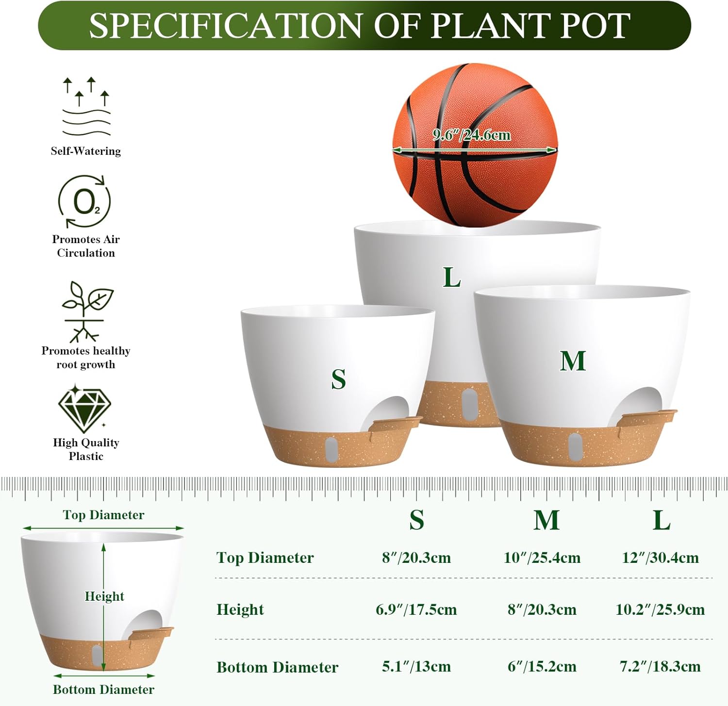Self Watering Pots with Drainage Holes, 3 Pack 12/10/8 Inch Plant Pots with Water Level Indicator Deep Reservoir, Large Plastic Planter for Indoor Outdoor Plants - White Brown