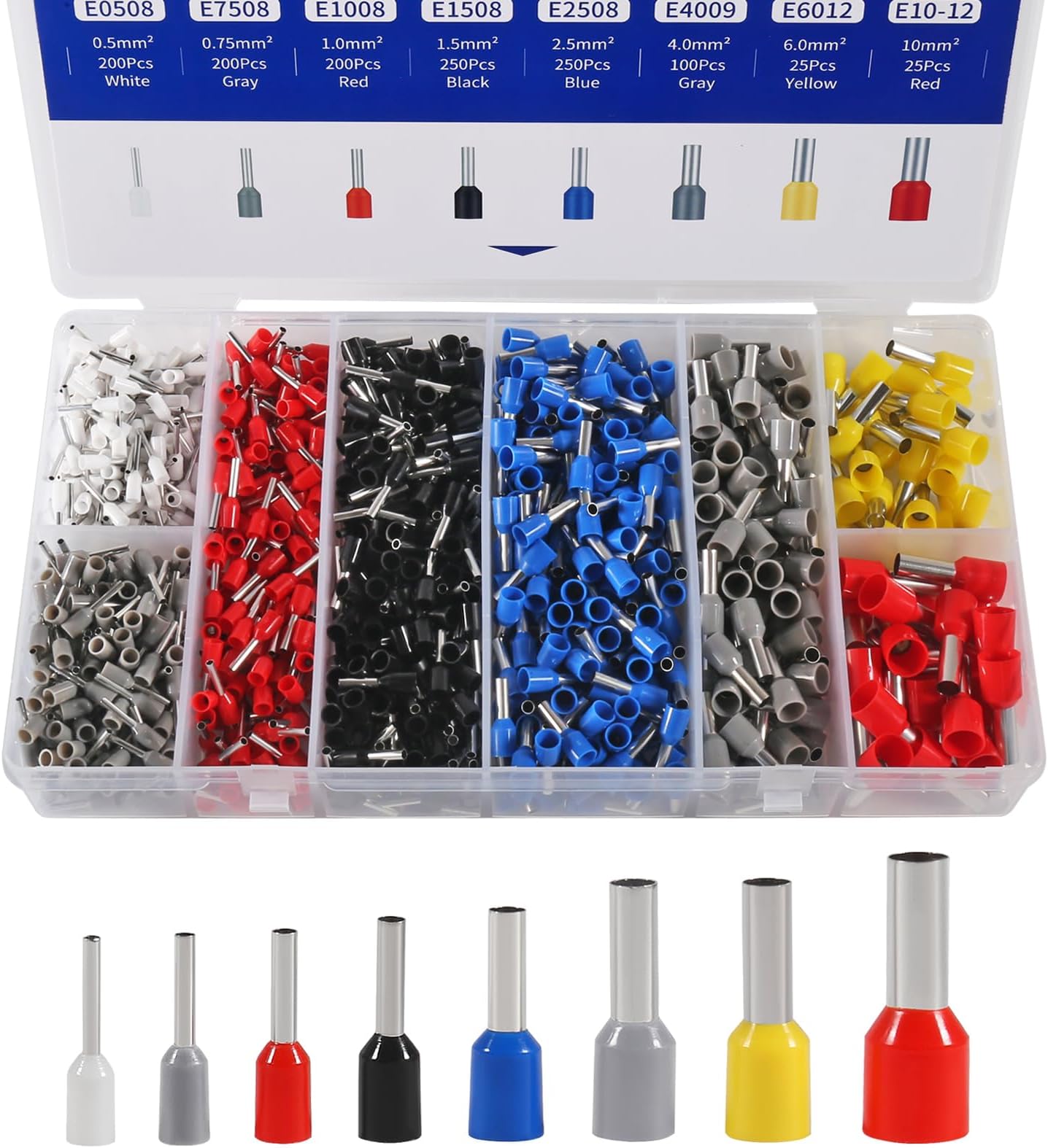 1250pcs Assorted Wire Ferrules Terminals Kit AWG 22-10 Insulated Copper Crimp Connectors for Industrial and Power Control Systems
