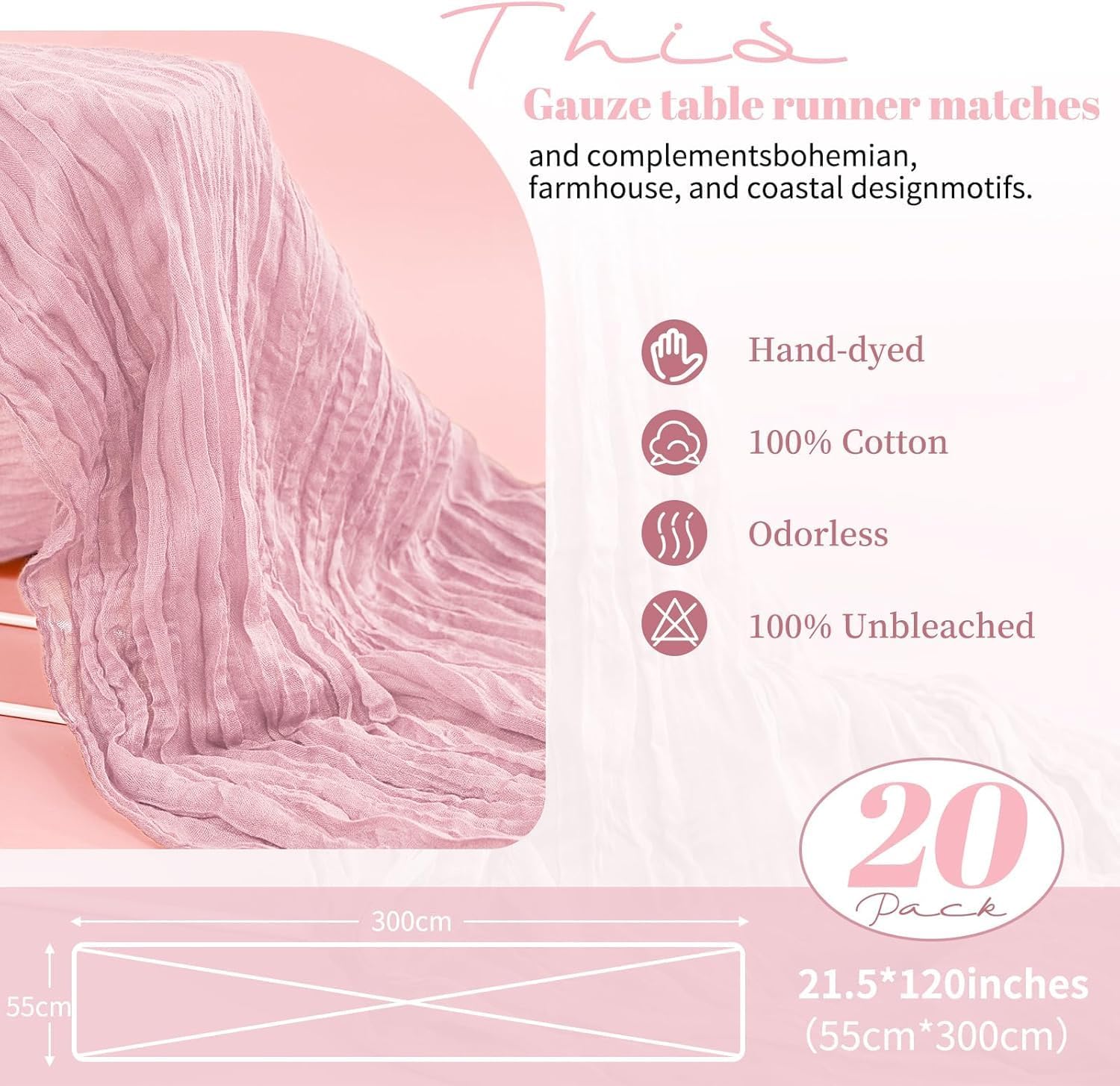 20 Pack 10Ft Cheesecloth Table Runner 20 X 120 Inch Boho Romantic Gauze Cheese Cloth Long Table Runner for Wedding Party Bridal Shower Thanksgiving Christmas Decoration (Light Pink)