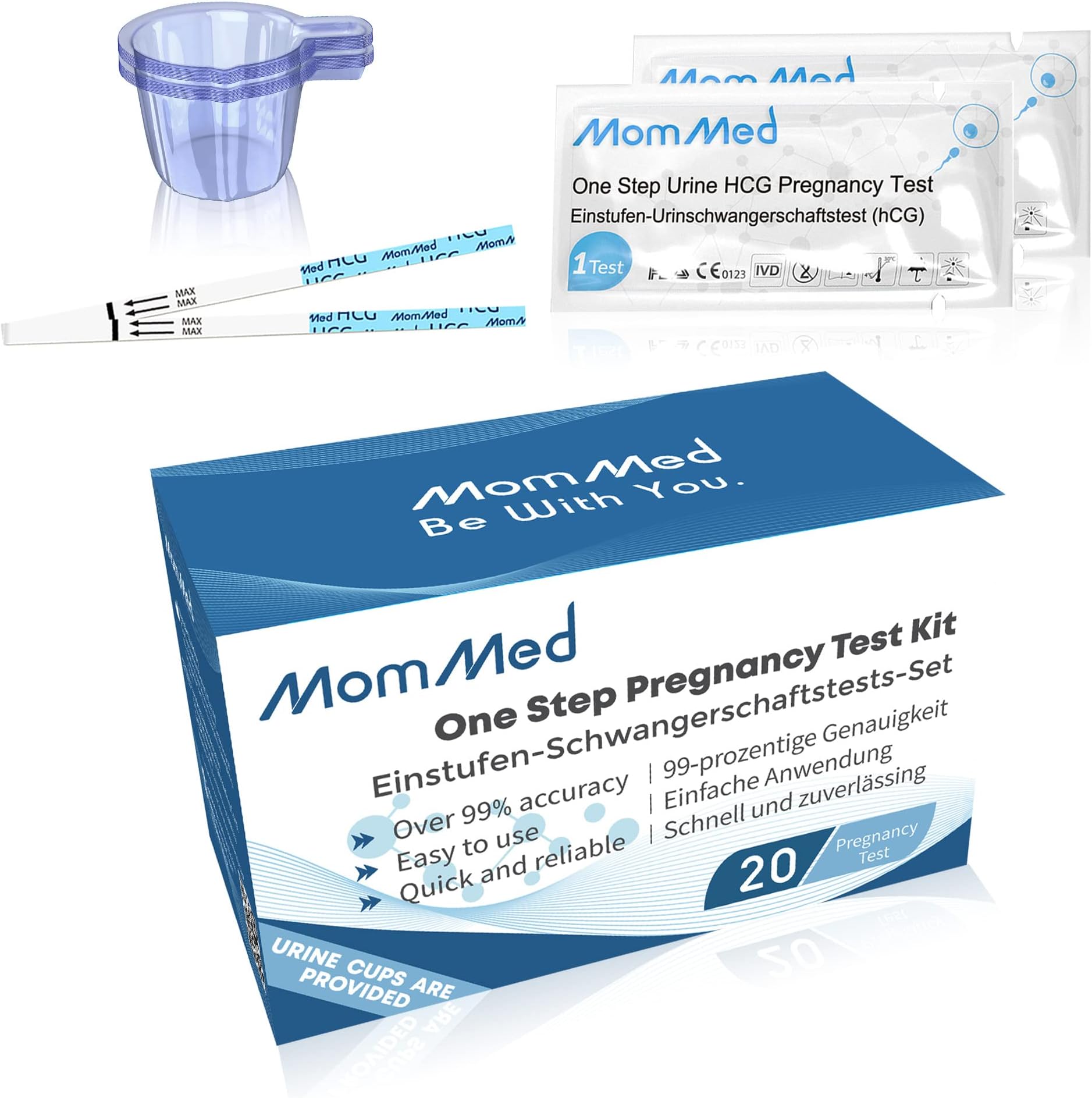 MomMed Pregnancy Tests, 20 x Pregnancy Test Strips (25mIU) with 20pcs Deep Urine Cups, Reliable and Quick Early Detection of Pregnancy, Early Pregnancy Tests, Pregnancy Test Kit