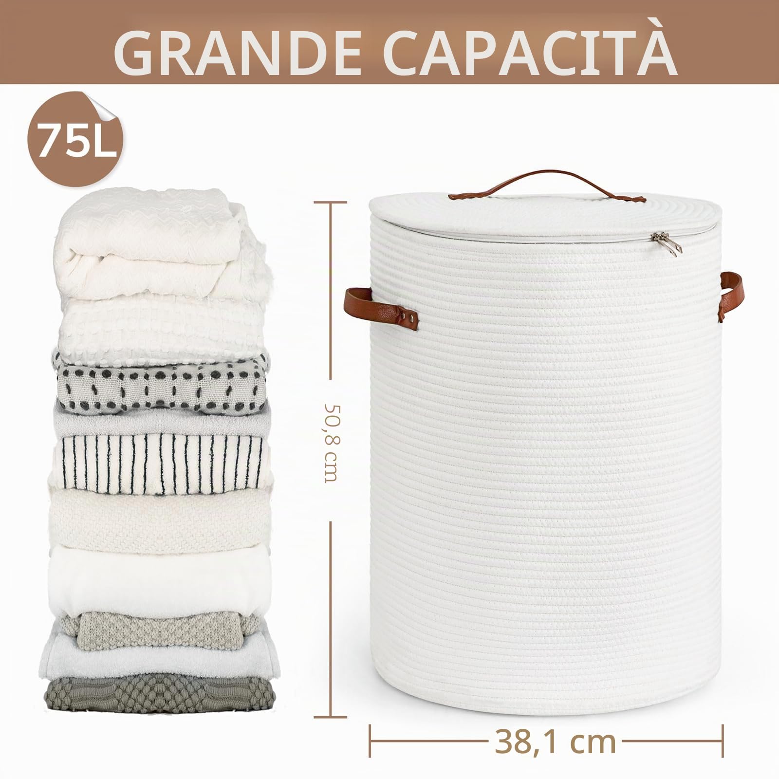CHICVITA Cesto portabiancheria alto con coperchio, cesto portabiancheria bianco per asilo nido, cesto portaoggetti in corda di cotone per vestiti, coperte, giocattoli, portabiancheria, 38,1 x 50,8 cm