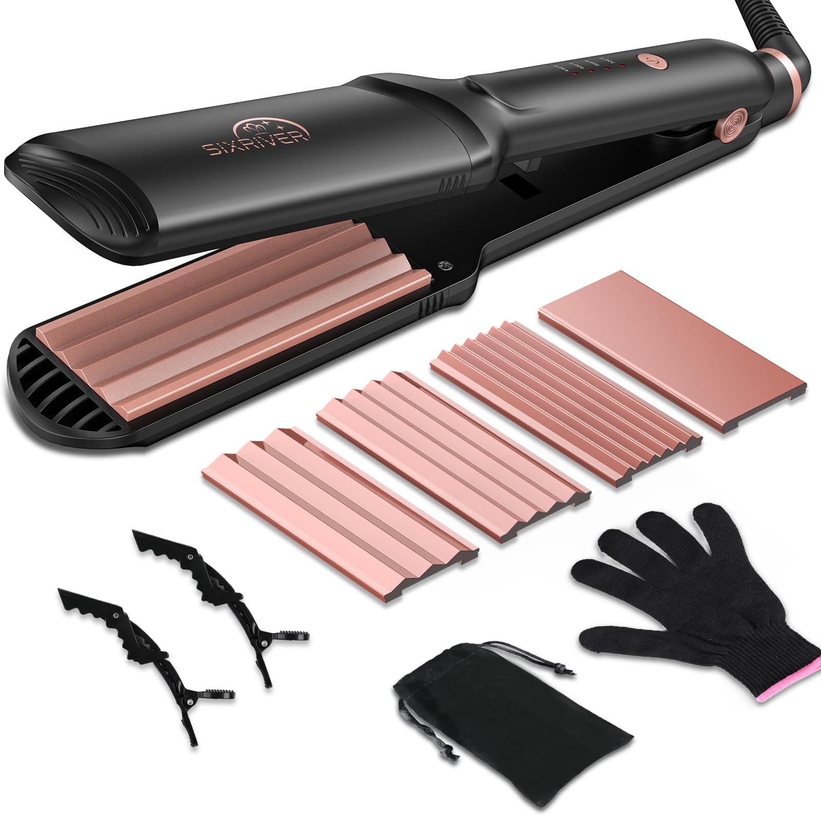 Hair Crimper for Women, 4 in 1 Flat Crimping Iron Plates Ceramic Waver Hair Tool, Hair Straightener Curling Iron with 15s Fast Heating, Rose Gold