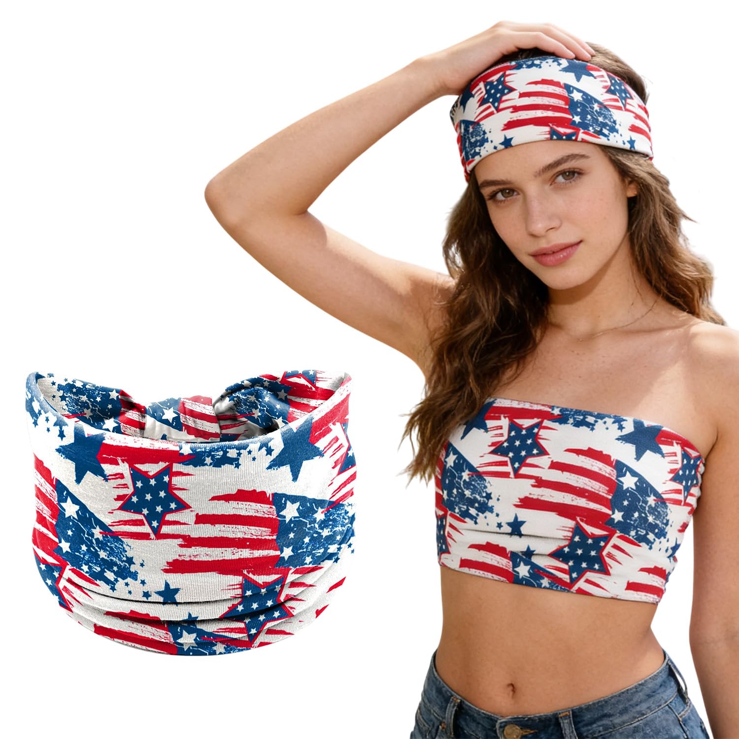 4th of July Headbands for Women, American Flag Star Hairbands Patriotic Independence Day Memorial Day Wide Hair Band Stretchy Non Slip Knotted Bandanas for Parade Party Supplies 1Pcs