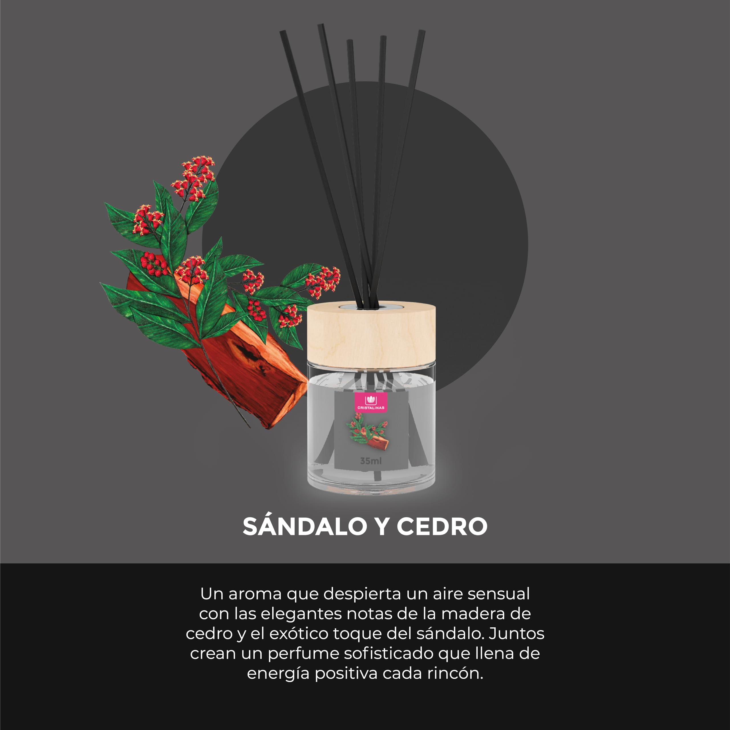 CRISTALINAS | Pack 2 Ambientador Mikado para Hogar | Fragancia Larga Duración 8 Semanas | 2x35ml | 0% Alcohol (Paquete de 2, Sándalo y cedro)