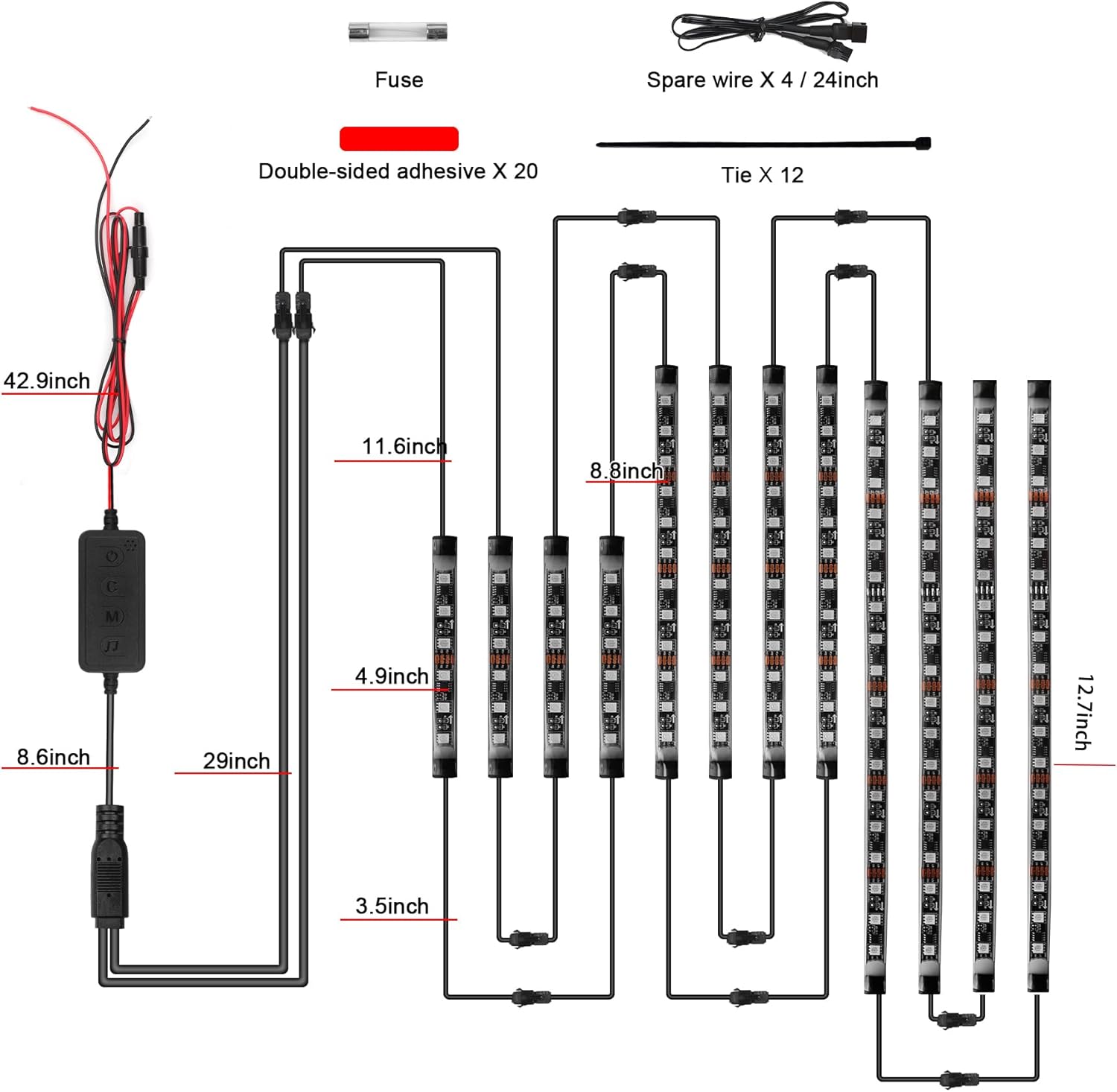 12Pcs Motorcycle LED Underglow Kit, RGB LED Strips Lights, Motorcycle Underglow Lights Kit with APP Control for Harley Davidson Honda Kawasaki Suzuki