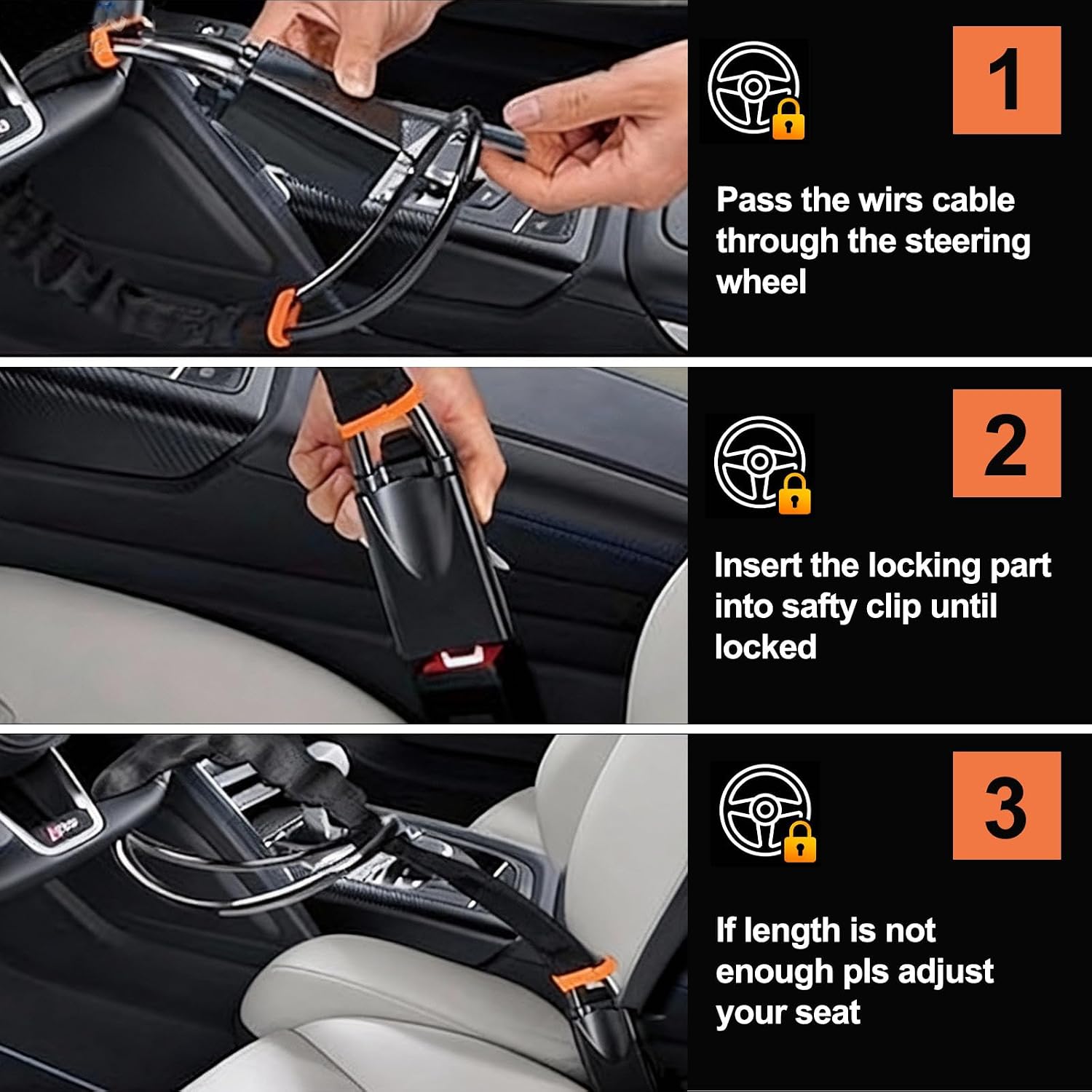 Car Steering Wheel Seat Belt Lock, 17 Inch Alloy Steel Anti-Theft Device, Universal Fit for Most Vehicles/SUV/Golf Cart, Lightweight 1.2lbs Multi-Functional Security Lock with 3 Keys (Black)