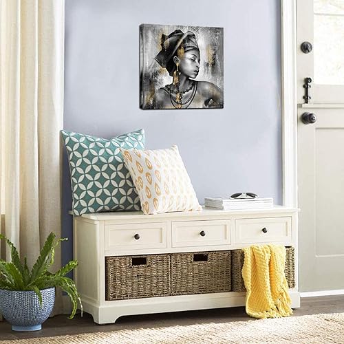 Miniatura 4 de Biuteawal Arte de pared afroamericano a la moda, retrato de mujer, impresión en lienzo, pintura dorada y gris, decoración enmarcada para sala de