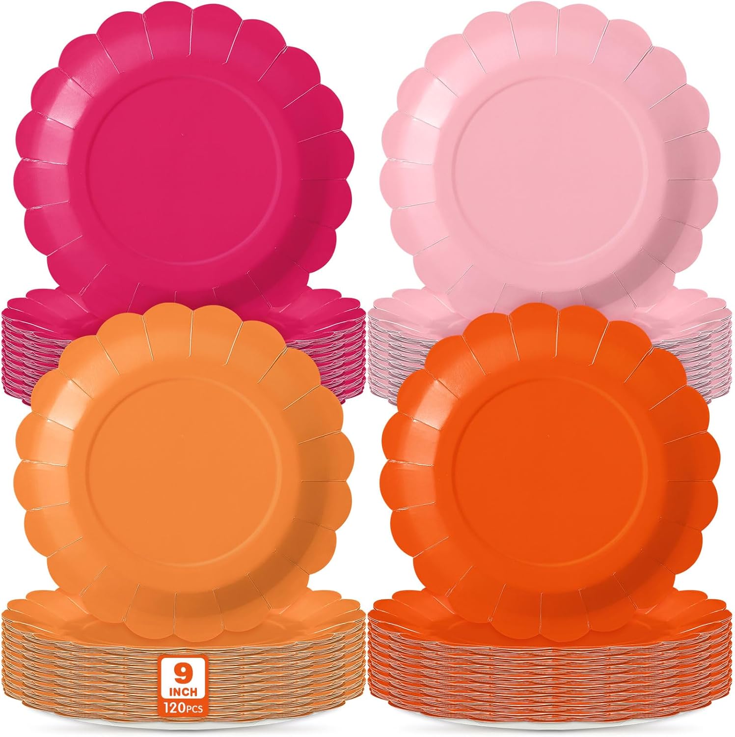 120 Pcs Pink and Orange Paper Plates 9 Inch Scalloped Disposable Round Dessert Paper Plates Party Decoration for Margs and Matrimony Bachelorette Party Women Birthday Baby Shower Wedding