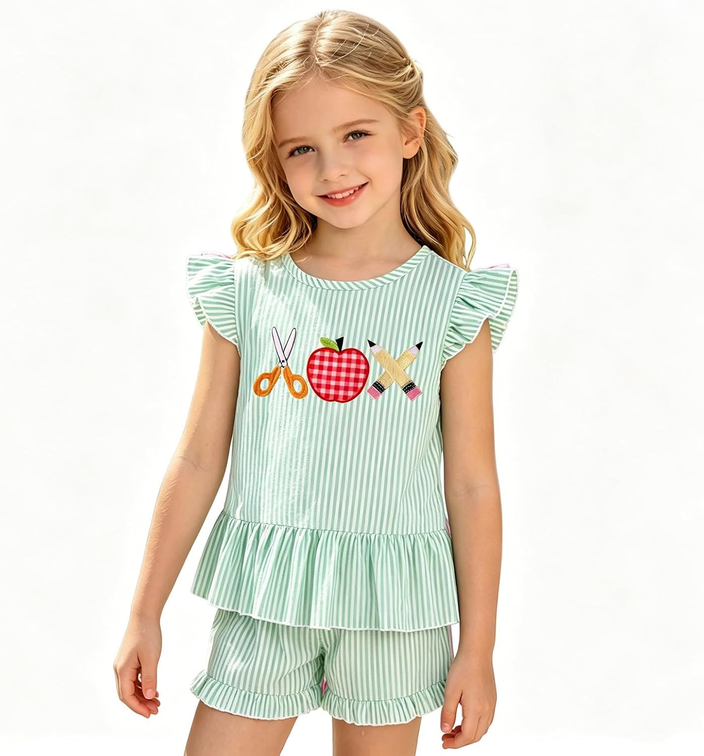 IZYJOY Toddler Girls Back to School Outfit Kid First Day of School Set Cute Ruffle Sleeve Striped Shirt Shorts Summer Clothes