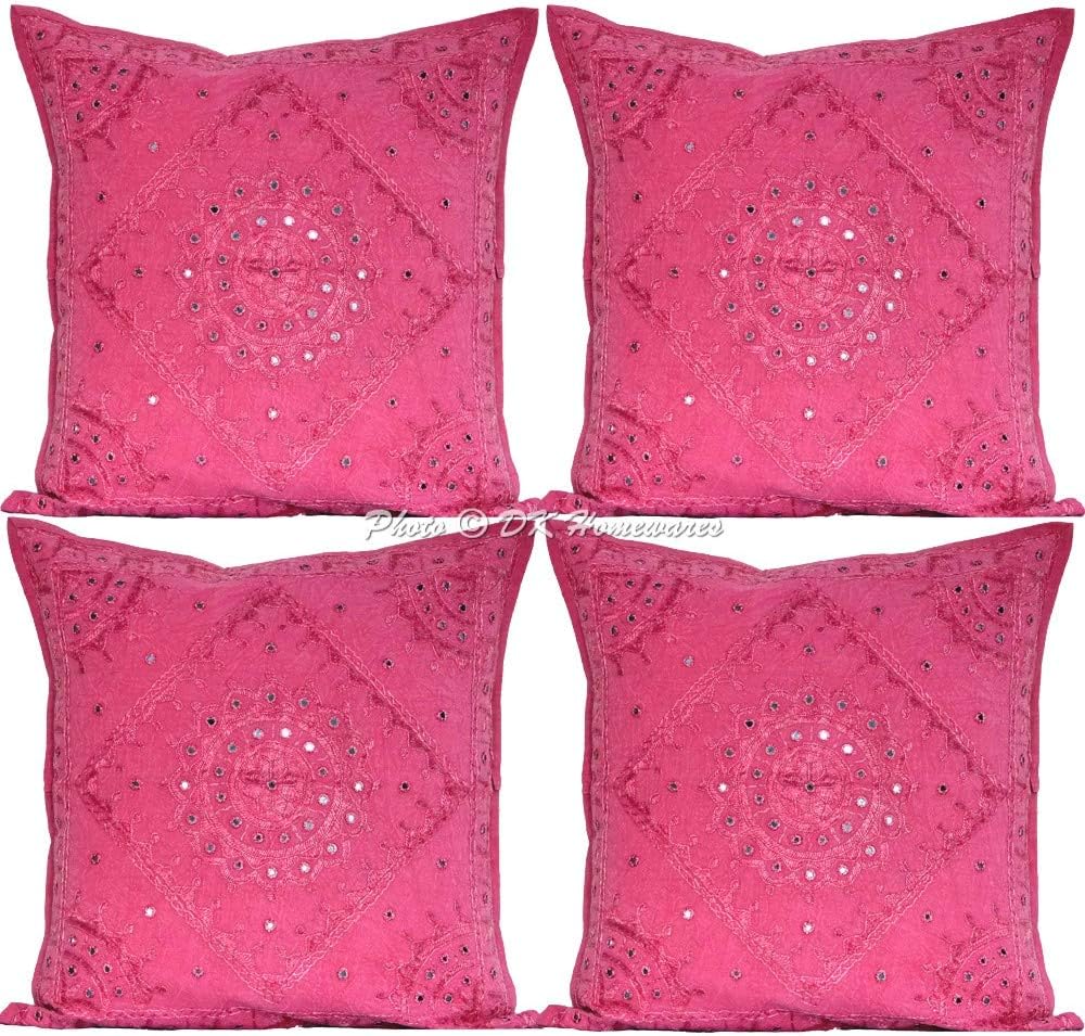 Bohemian Decorative Toss Throw Pillowcases 24 Inch Cotton Embroidered Bohemian Indian Square Accent Cushion Covers (Size - 60x60 cm ; Color: Baby Pink) - Set of 4 Pcs (Cover Only)