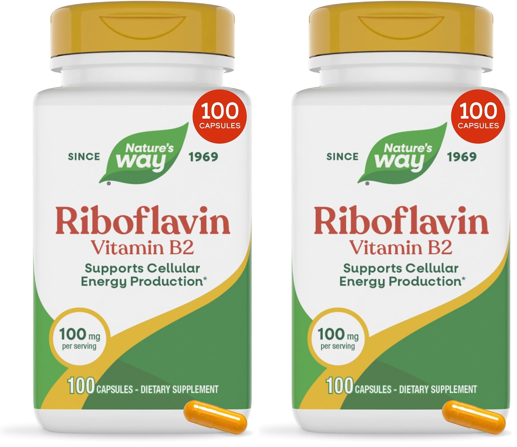 Nature's Way Riboflavin Vitamin B2, Supports Cellular Energy Production*, High Potency Riboflavin, 100 mg per Serving, (Packaging May Vary) 100 Capsules (Pack of 2) 100 Count (Pack of 2)