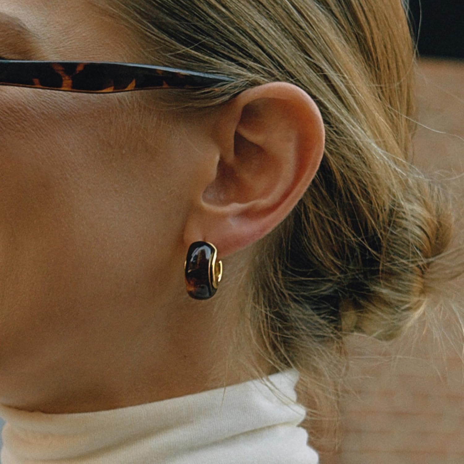 Gold Statement Earrings for Women Vintage Brown Amber Resin Hoop Earrings 14K Gold Plated Hypoallergenic Jewelry - Image 2