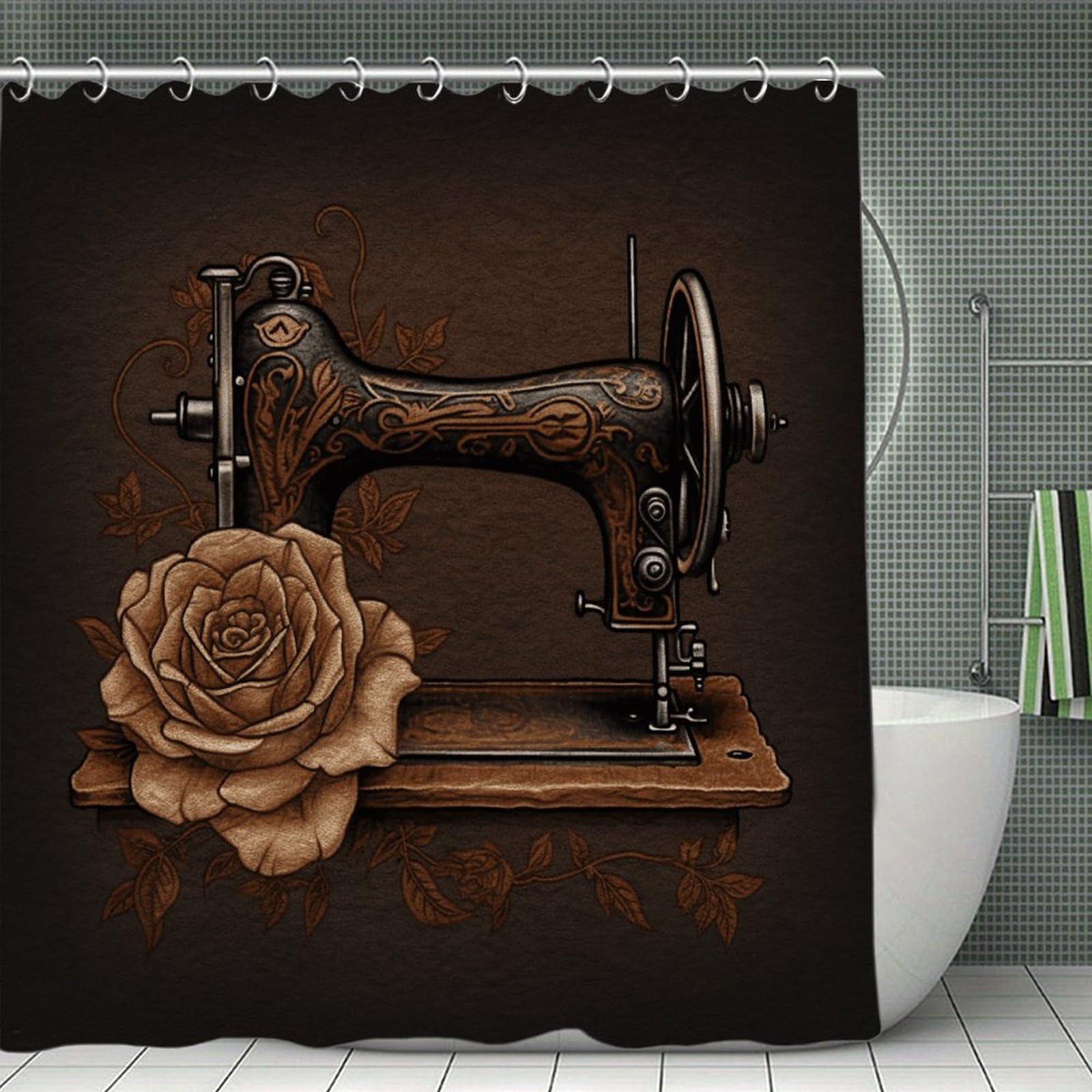 VstaDank Rose and Sewing Machine Shower Curtain Waterproof Bathroom Shower Curtain with C Type Hooks Soft Lightweight Shower Curtains Liner Washable Polyester Cloth Shower Liner 71x71 Inch