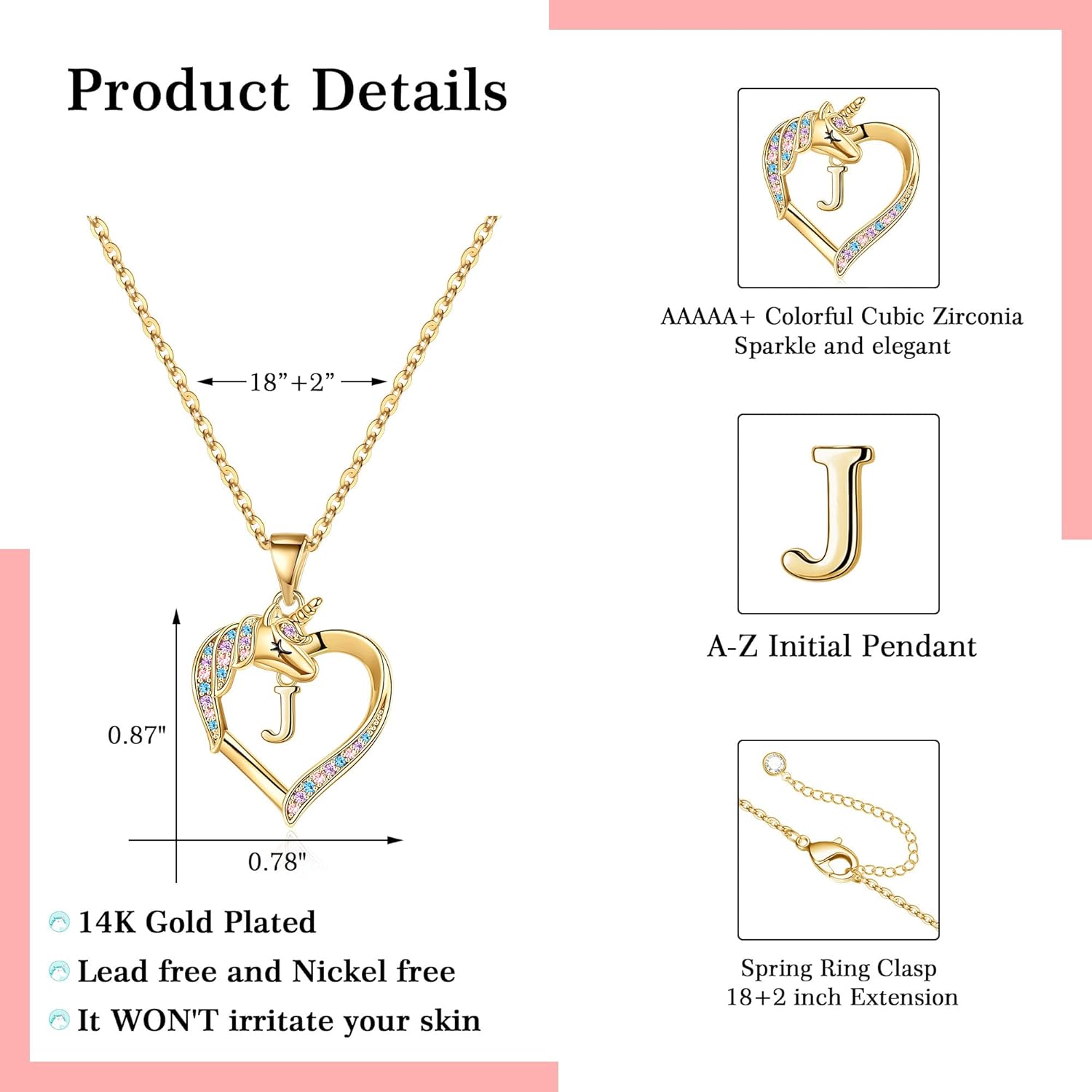 Hidepoo Valentines Gifts for Kids Girls - Unicorn Necklace Gifts for Girls 14K-Gold-Plated Colorful CZ Heart Necklace Girl Jewelry Initial Unicorn Necklaces for Girl Valentines Gift - Image 6