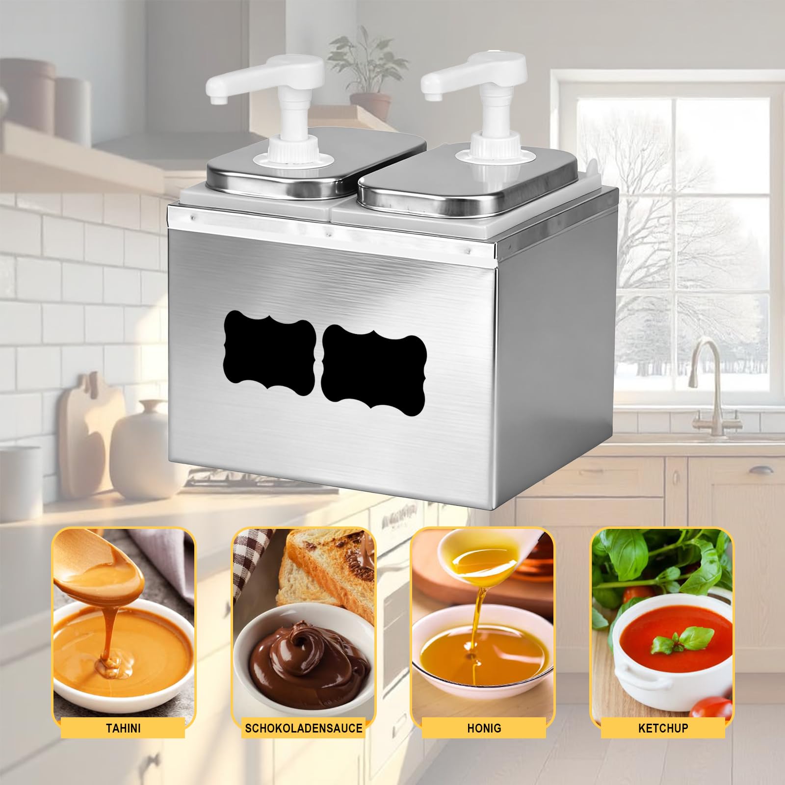 Distributore per ketchup da 5 l, con 2 pompe, 4 etichette, rimovibili, girevoli, in acciaio inox, per cucina e ristorante, ketchup, condimento per insalata, mayo, miele, salsa di soia e aceto