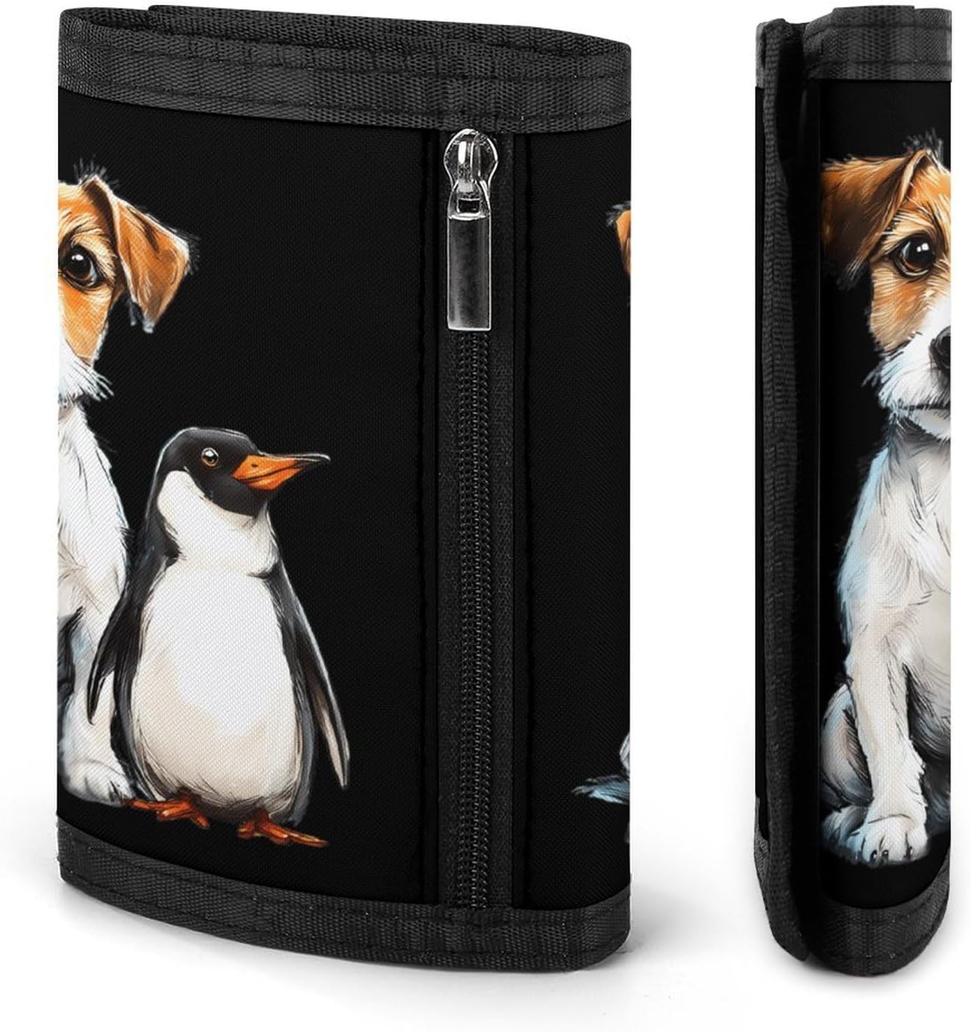 Jack Russell Terrier Dog And Penguins Trifold Slim Wallet Front Pocket With Money Clip And ID Credit Card Slots For Travel Work