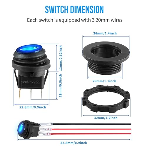Miniatura 5 de Interruptor de palanca de 12 voltios, impermeable, 2 unidades, panel de interruptor basculante redondo con luz LED azul con 6 terminales de fusión