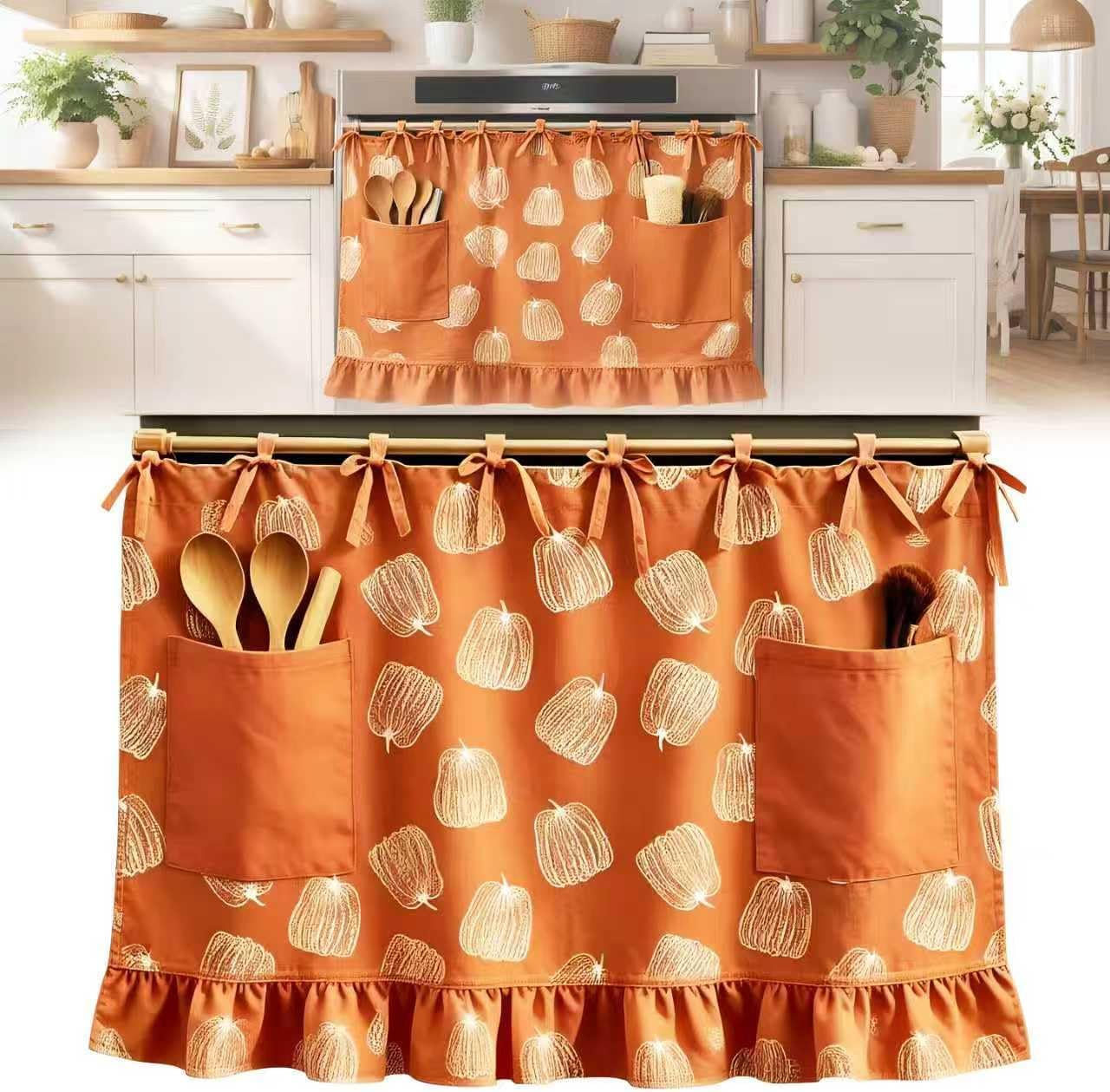 Pumpkin Orange Oven Skirt Curtain,Cotton Blend Stove Cover with Pockets