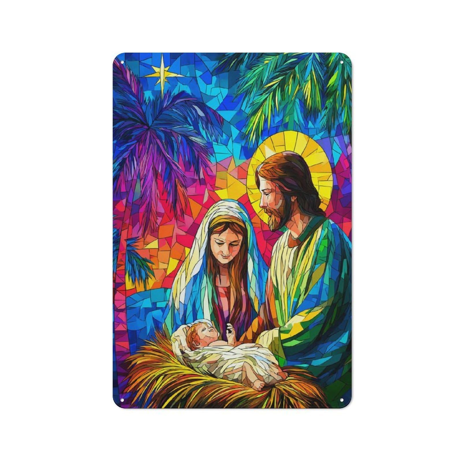 Junmoney Colorful Nativity Scene Retro Metal Sign With Design 30X20cm, Distressed Look Retro Room Decor For Living Room, Hallway, Kitchen Or Cafe