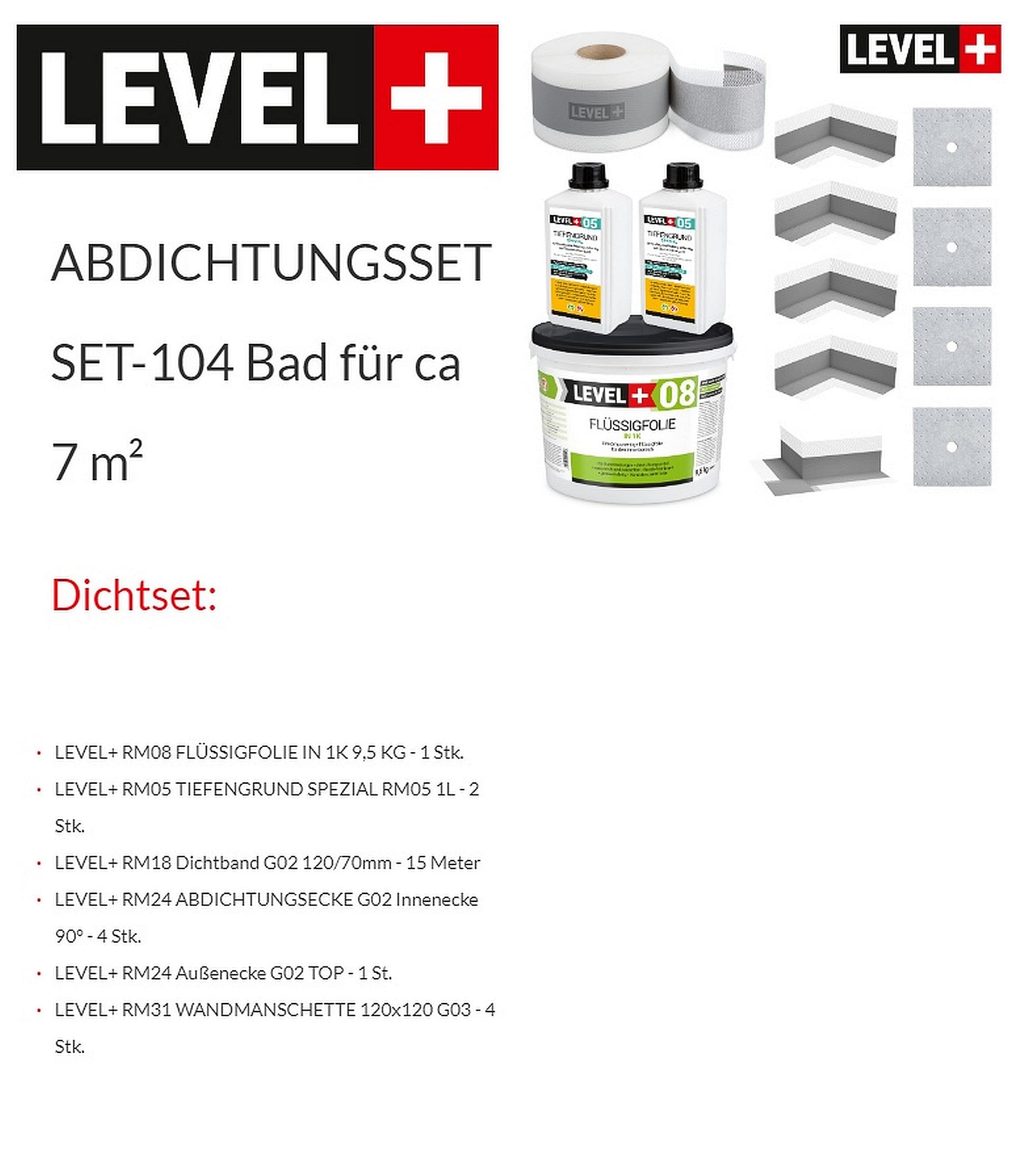 Dicht-Set Bandset Dusche Bad 9,5 Kg Flüssigfolie, 2L Tiefengrund, 15M Dichtband, 4 Innenecken, 1 Außenecke, 4 Wandmanschetten SET104