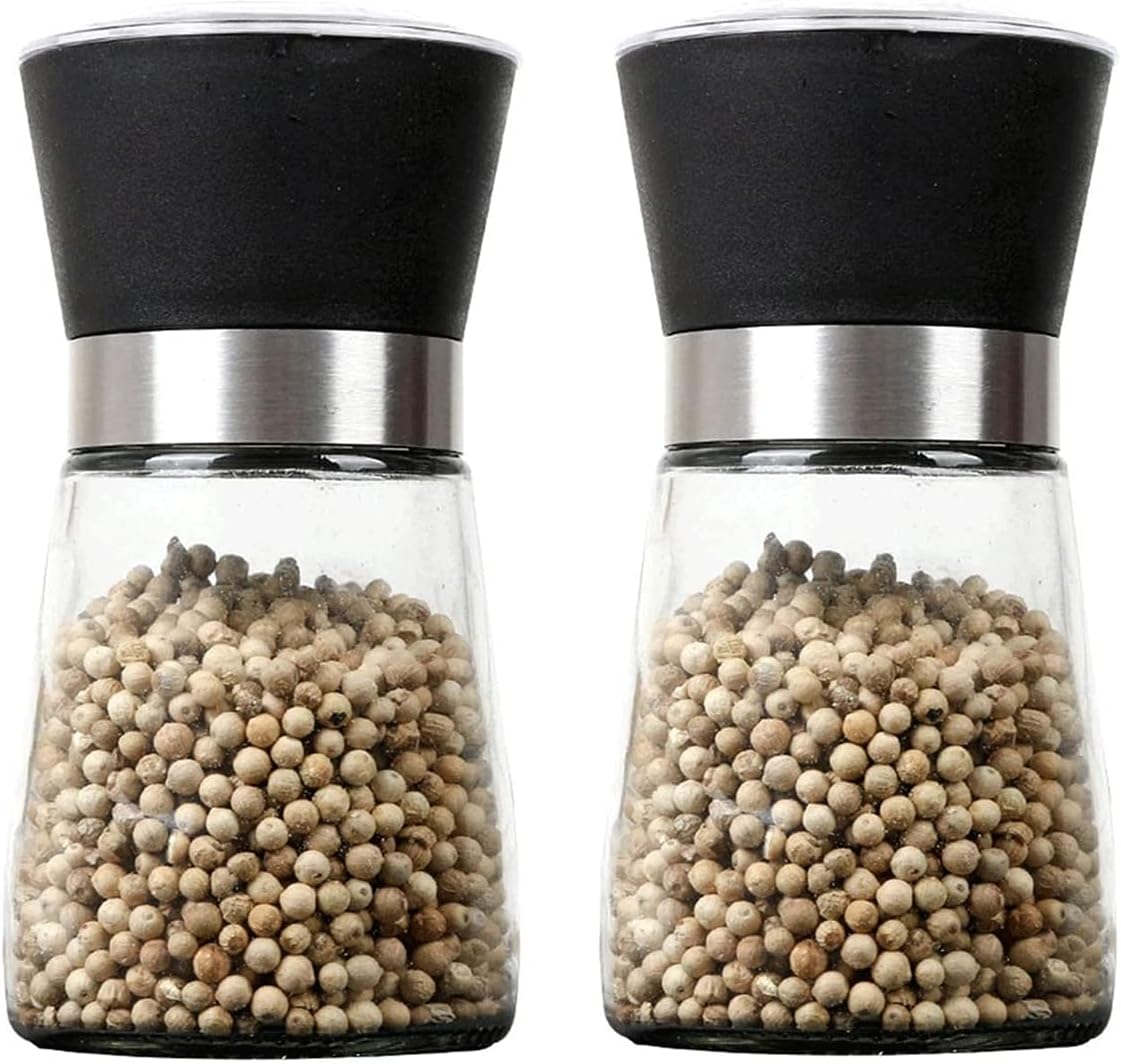 Salt and Pepper Grinder Set,Adjustable Stainless Steel Spice Ceramic Grinders Mill Shaker for Kitchen Table,Glass Body,Set of 2 Grinding