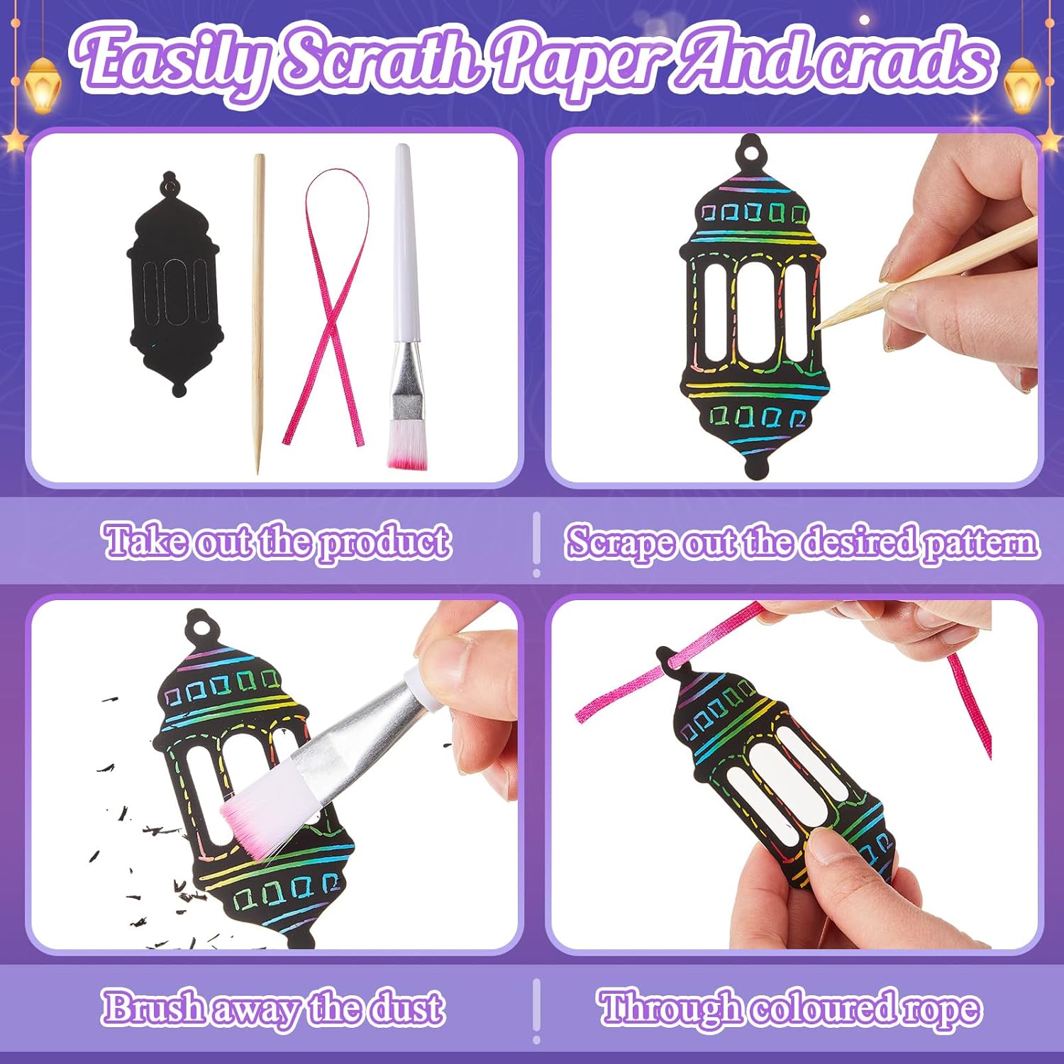 96 Pcs Ramadan Scratch Paper Kit Eid Mubarak Paper Scratch Off Card Eid Crafts Ramadan DIY Rainbow Hanging Ornament Craft for Ramadan Party Eid Mubarak Activity Drawing Supplies Decor - Image 6