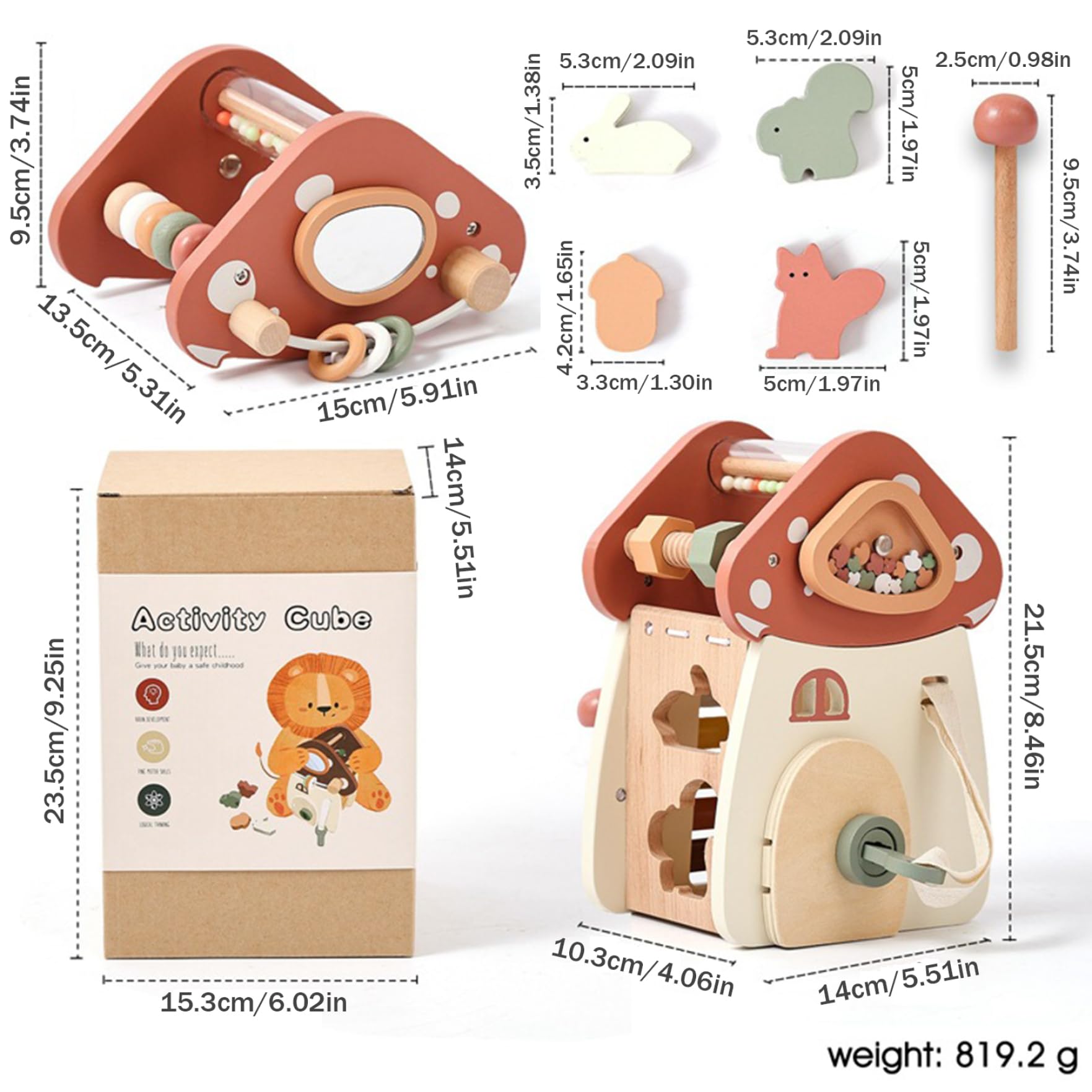 Jorzer Cubo dell'attività del Bambino, 5 su 1 Giocattoli per Bambini in Legno Educational Learning attività a Forma di Funghi cubo per Bambini Regali di Compleanno per e Ragazze