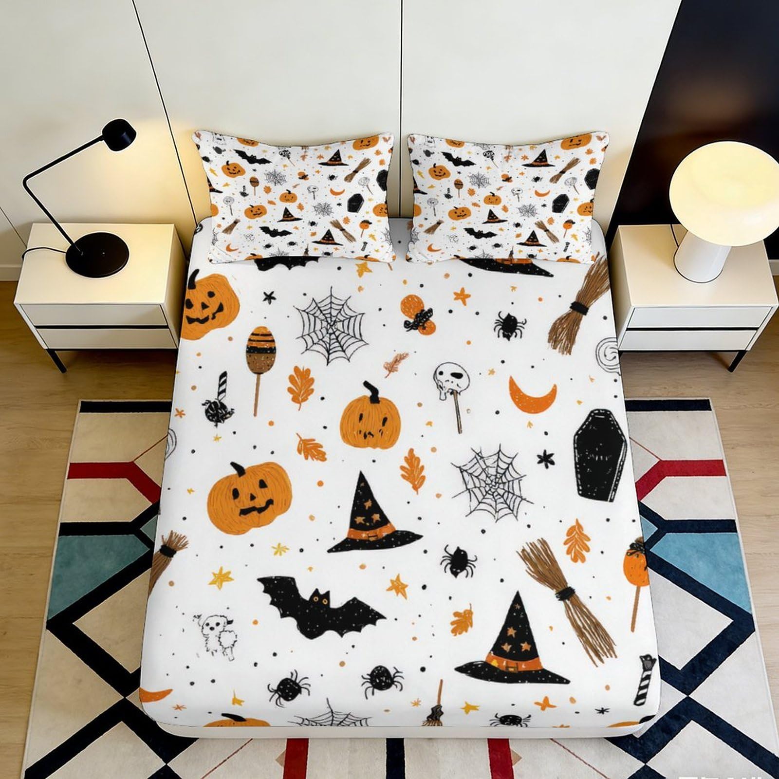 3D Printed Halloween Pumpkin Fitted Sheet Microfiber Soft Breathable Spider Web Bed Sheet for Bedroom Dormitory Guest Room Mattress Protection Decor 180x200x25cm