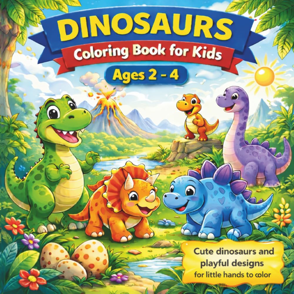 Dinosaurs Coloring Book for Kids Ages 2-4: Simple and Easy Dinosaurs Coloring Pages for Preschool Kids | Big Bold Designs for Little Hands | 8.5 x 8.5 Beginner Coloring Book