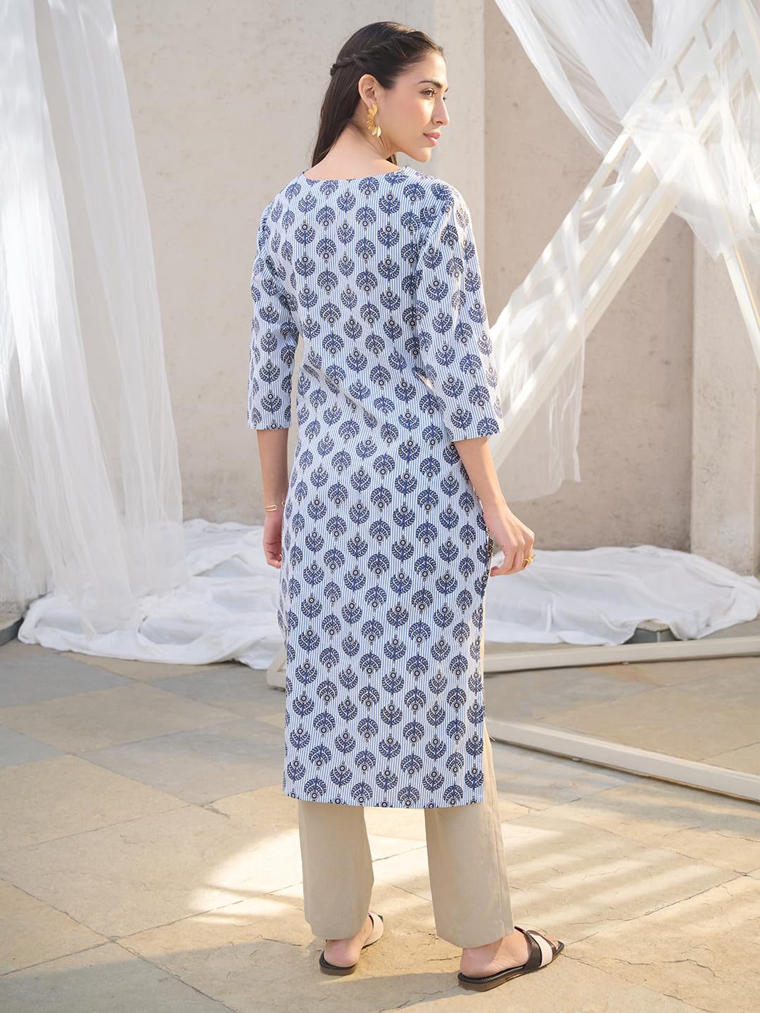 Stylum Women's Striped Printed Straight Kurta (Indiraga36_Blue, S)