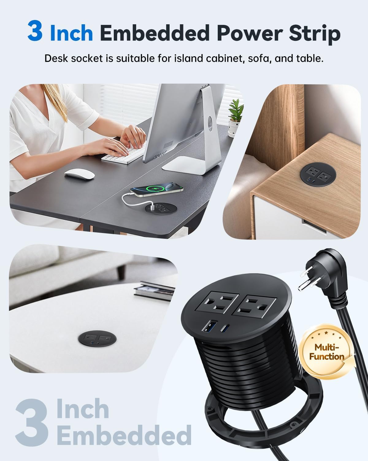 Desktop Power Grommet with 20W USB C Fast Charging, 3 inch Flush-Mount Recessed Power Strip for Desk,Office Tables,Furniture, Recessed Outlet 6FT Cord, 45° Thin Flat Plug, 2 USB Ports, Black