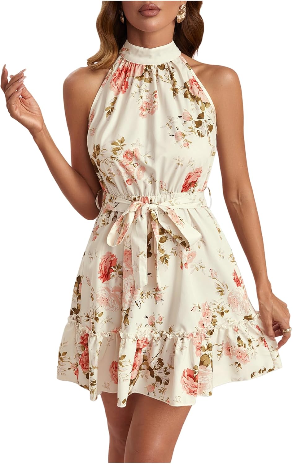 Floerns Women's Floral Ruffle Hem A Line Dress Halter Sleeveless Belted Short Dresses