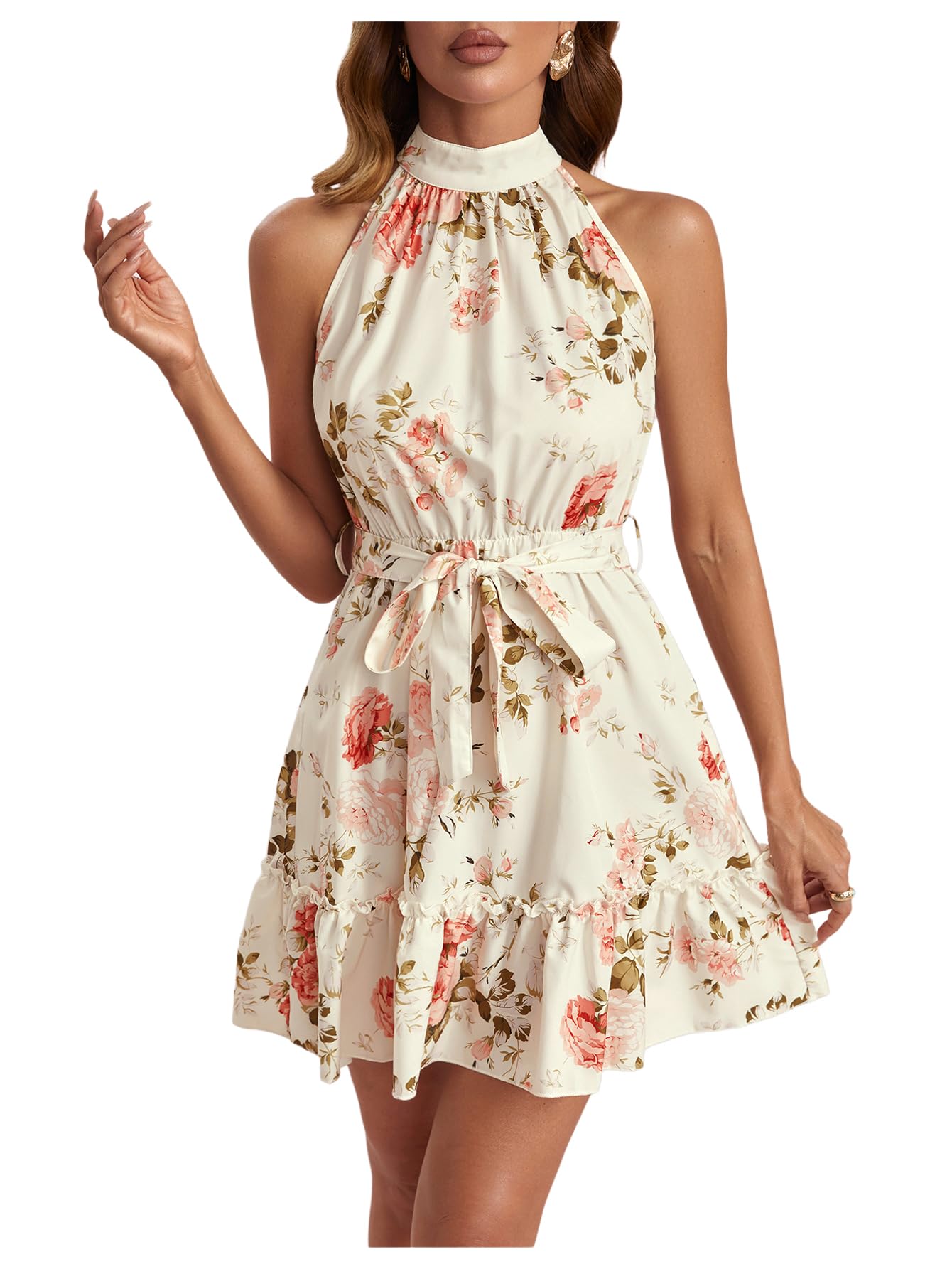 Floerns Women's Floral Ruffle Hem A Line Dress Halter Sleeveless Belted Short Dresses