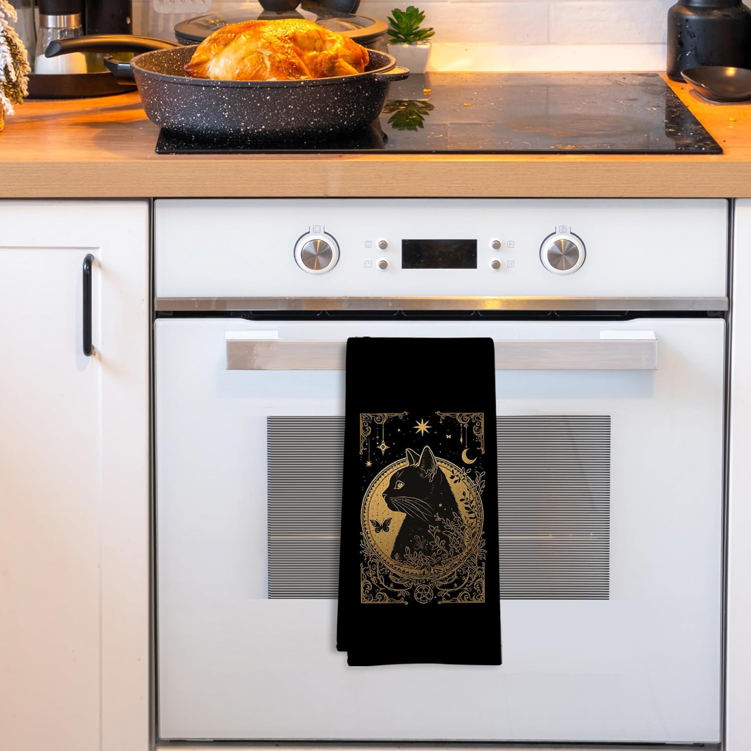 Gothic Tarot Cat Kitchen Towels, Witchy Black Gold Dish Tea Towels for Kitchen, Witchy Cat Gifts for Cats Lovers Women, Cats Decorative Hand Towels for Bathroom, 16x24 Inch - Image 2