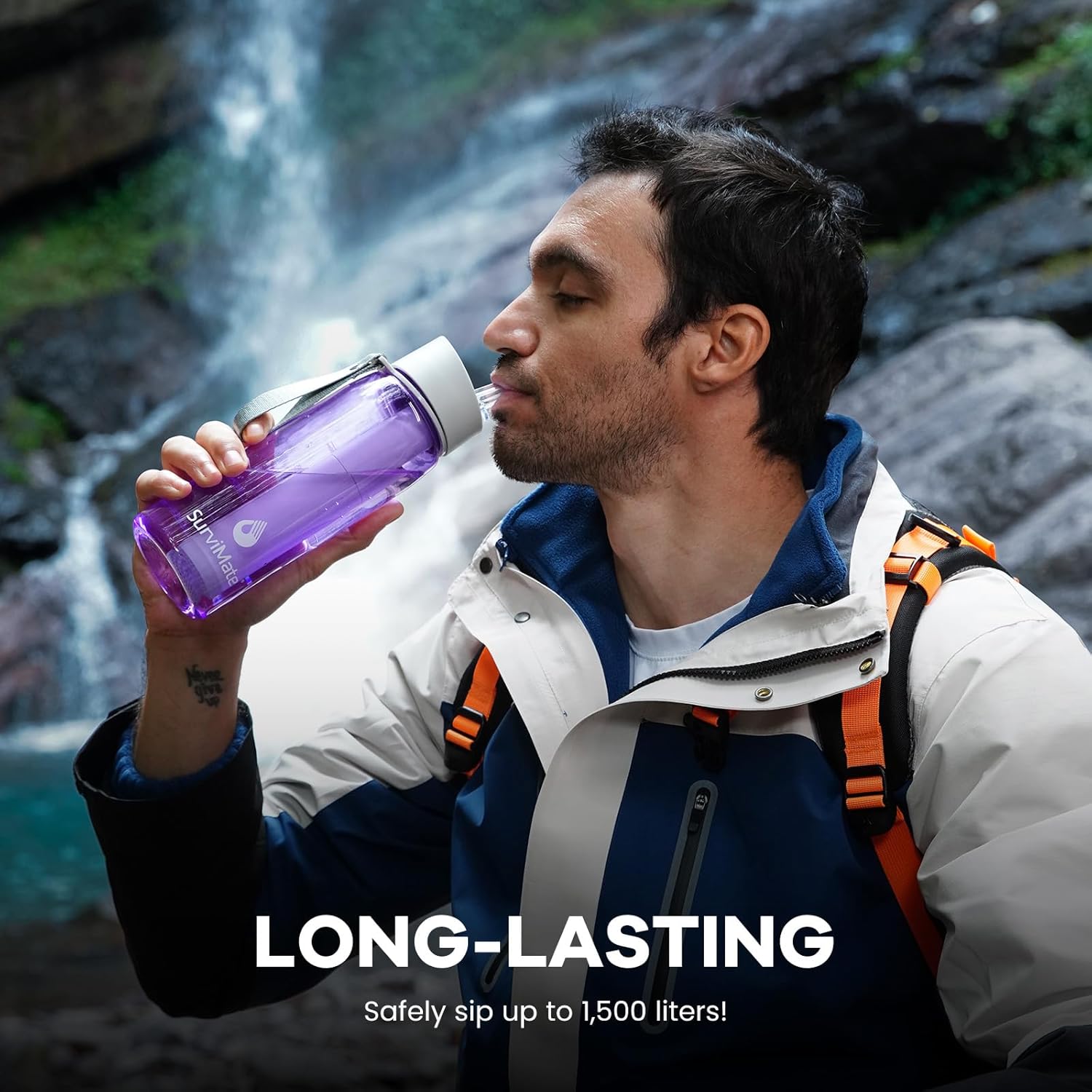 SurviMate Purified Water Bottle for Camping, Hiking, Backpacking and Travel, BPA Free with 5-Stage Intergrated Filter Straw - Image 7