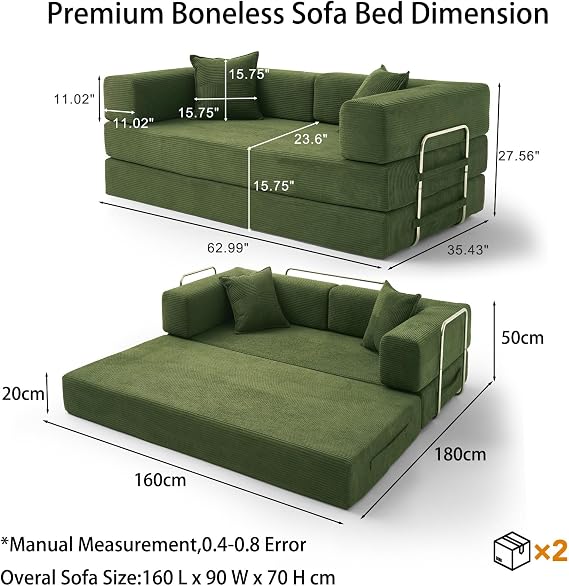 Vipbear 160cm Boneless Sofa Bed with Foam & Springs for Living Room,Green | 5-in-1 Convertible,Corduroy