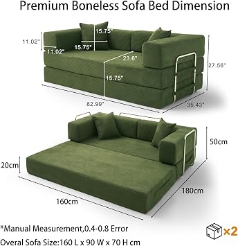 Vipbear 160cm Boneless Sofa Bed with Foam & Springs for Living Room,Green | 5-in-1 Convertible,Corduroy