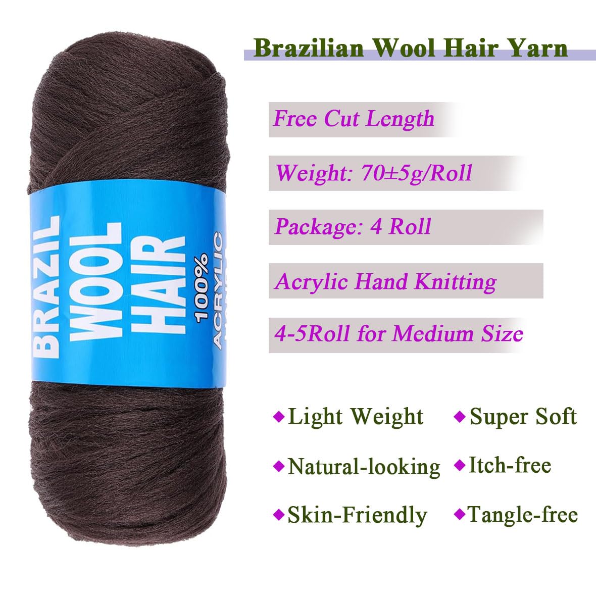 Kachanaa 4 Roll Brazilian Wool Hair for Braids Acrylic Hand Knitting for Jumbo Braids Goddess Locs Crochet Hair for Women Senegalese Braiding Hair Extension 4# - Image 3