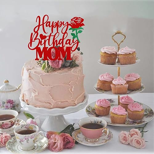 Miniatura 6 de 1 pieza de decoración de pastel de feliz cumpleaños para mamá con flor de rosa con purpurina para la mejor mamá, amor, madre, decoración para feliz