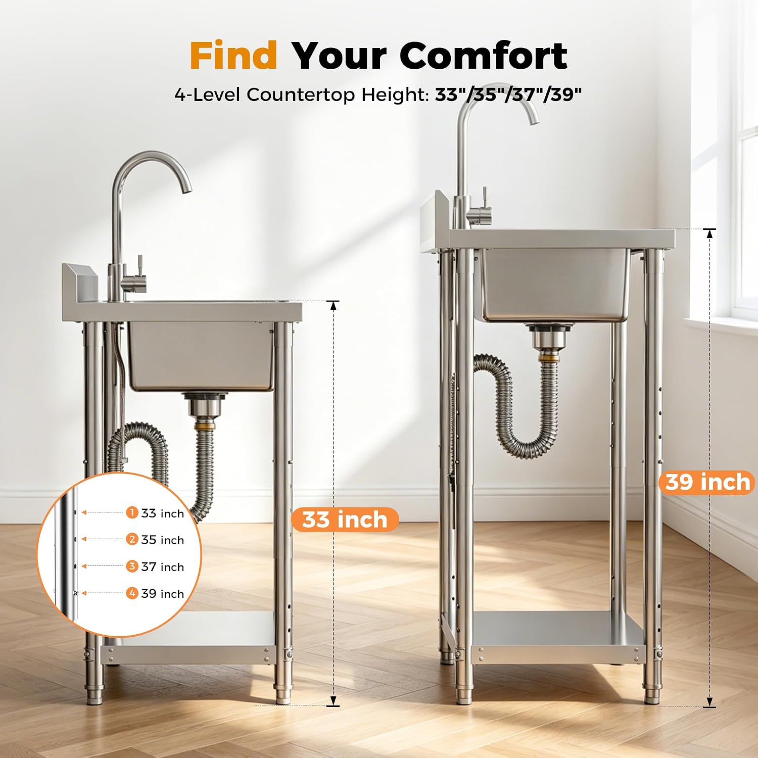CAMMOO 23" 4-Height Adjustable Utility Sink, 304 Stainless Steel | 360 Degree Swivel Faucet, 3-Level Rack, 3.2 in Backsplash and Adjustable Feet Add Flexible Setup in Compact Spaces