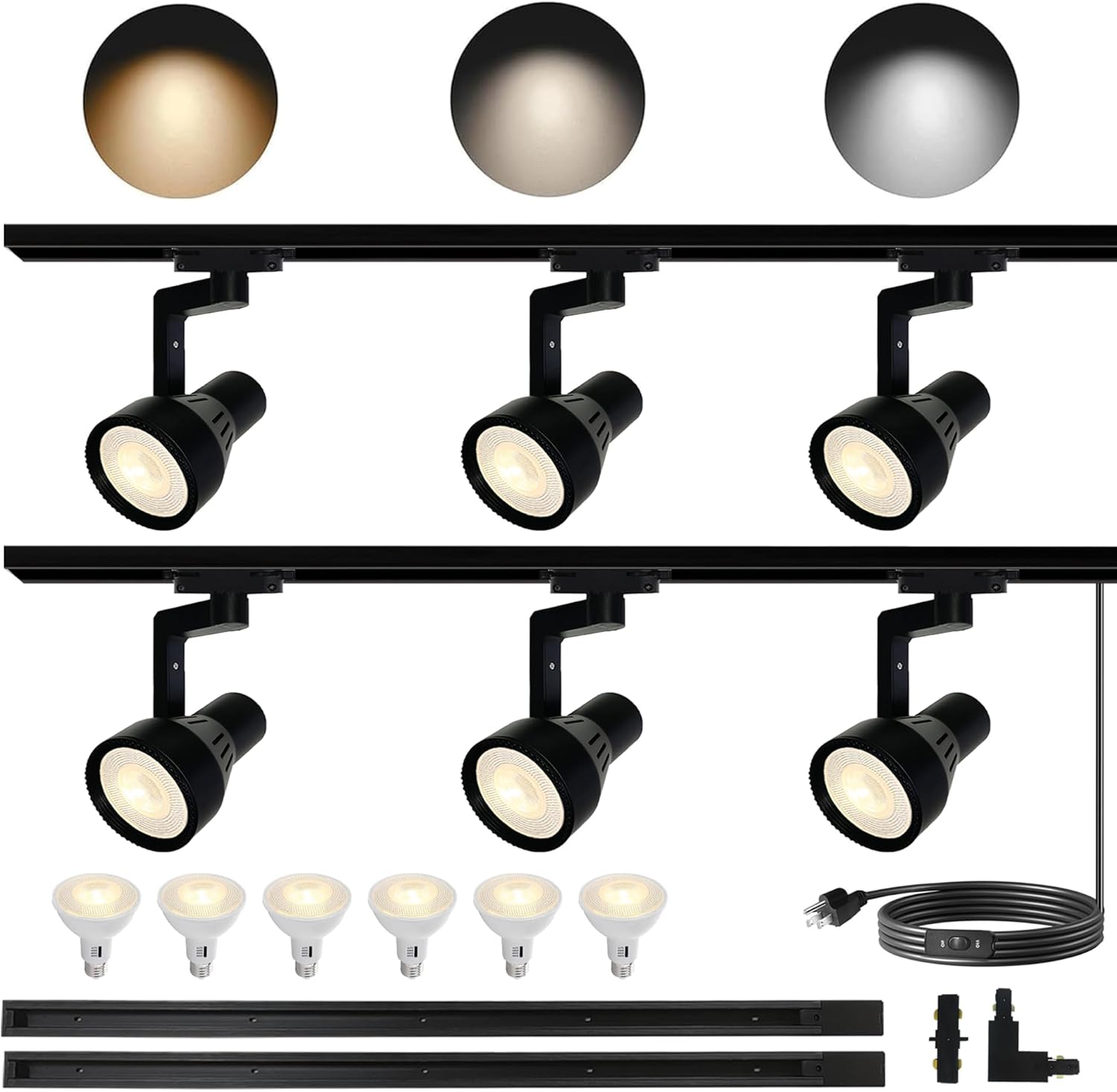 Black H Type 6 Lights LED Track Lighting Complete Kit Plug in, 20W 120V PAR20 3CCT Replaceable Bulbs Brightness Dimmable 20%-100% Include 6.56ft Track Rails for Accent Area Lighting