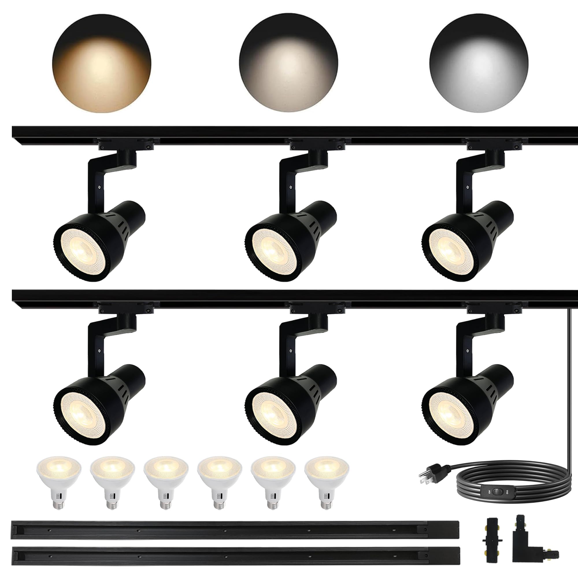 Yuemegou Black H Type 6 Lights LED Track Lighting Complete Kit Plug in, 20W 120V PAR20 3CCT Replaceable Bulbs Brightness Dimmable 20%-100% Include