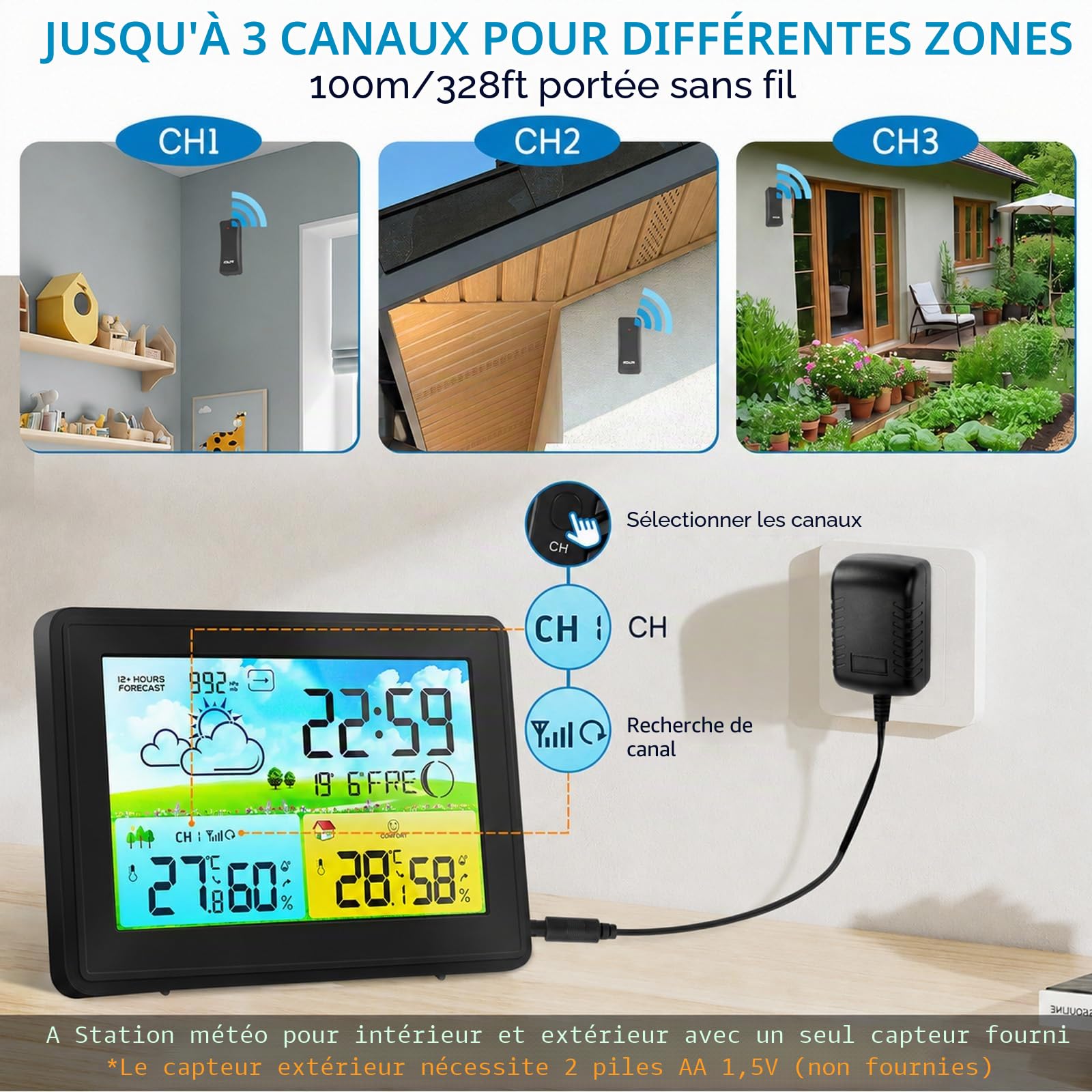 Station météo radio-pilotée avec capteur extérieur, température intérieure et extérieure, station météo radio avec prévisions météo, baromètre et phase lunaire, affichage numérique couleur horloge