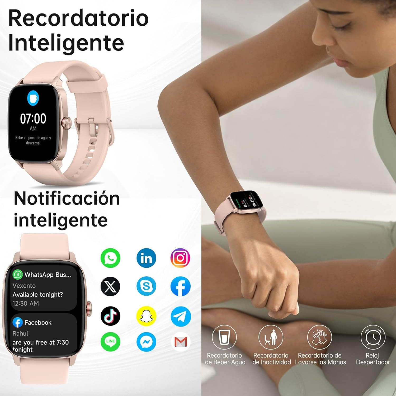 Reloj Inteligente Mujer Hombre con Llamadas Bluetooth y Voz AI, 1.85» Smartwatch con Whatsapp Notificación, Pulsómetro/SpO2/Sueño/Podómetro, 110+ Modos Deportivos, Impermeable IP68 para iOS/Android 4